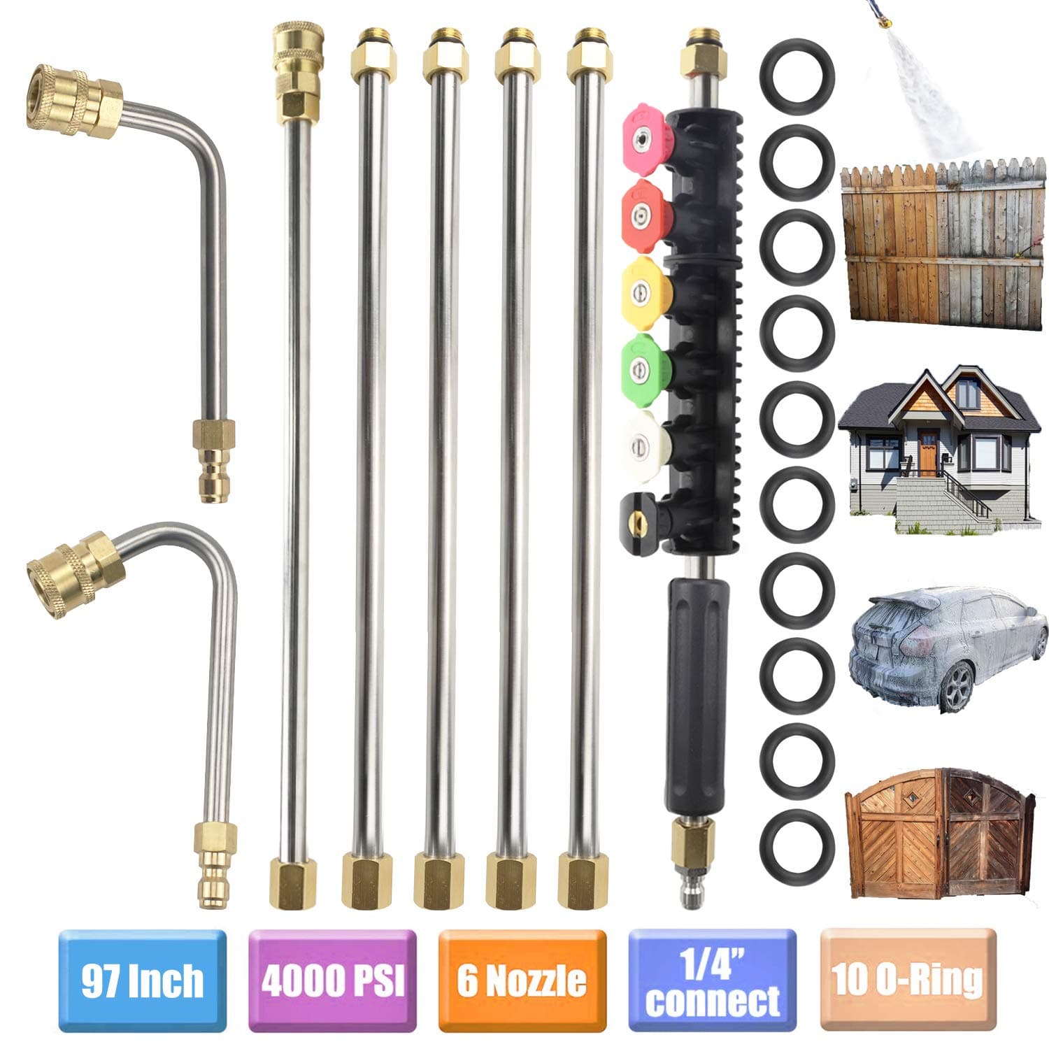 Upgraded Version Pressure Washer Extension Wand Set, Replacable Power Washer Lance with 6 Spray Nozzle Tips Design,90 Degrees +U Curved Rod, 1/4’’Quick Connect, 10 Replacable Anti-Leaked Ring 4000 PSI