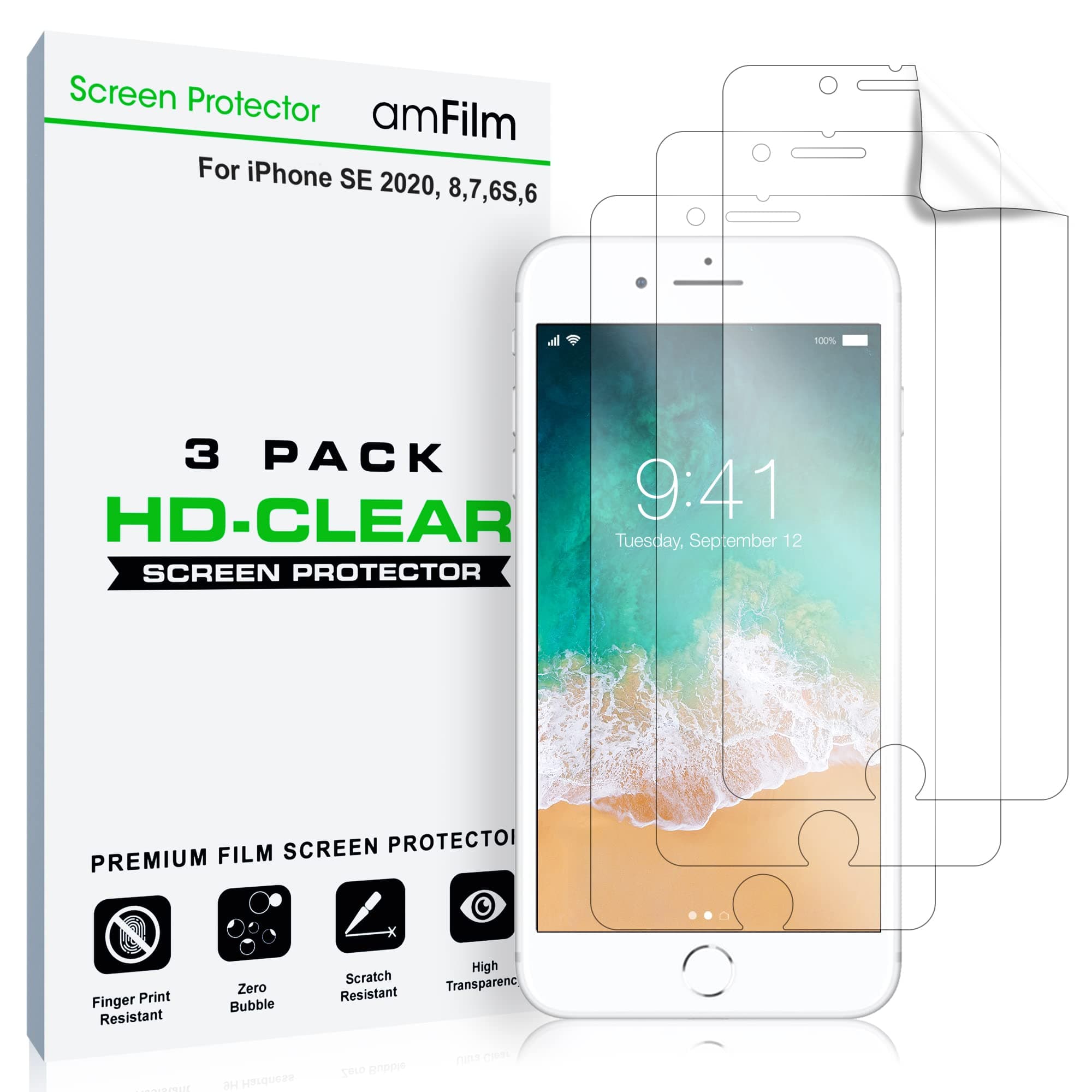 amFilm Screen Protector for iPhone 8, 7, 6S, 6 (2 Pack) HD Clear, Flex Film, Case Friendly