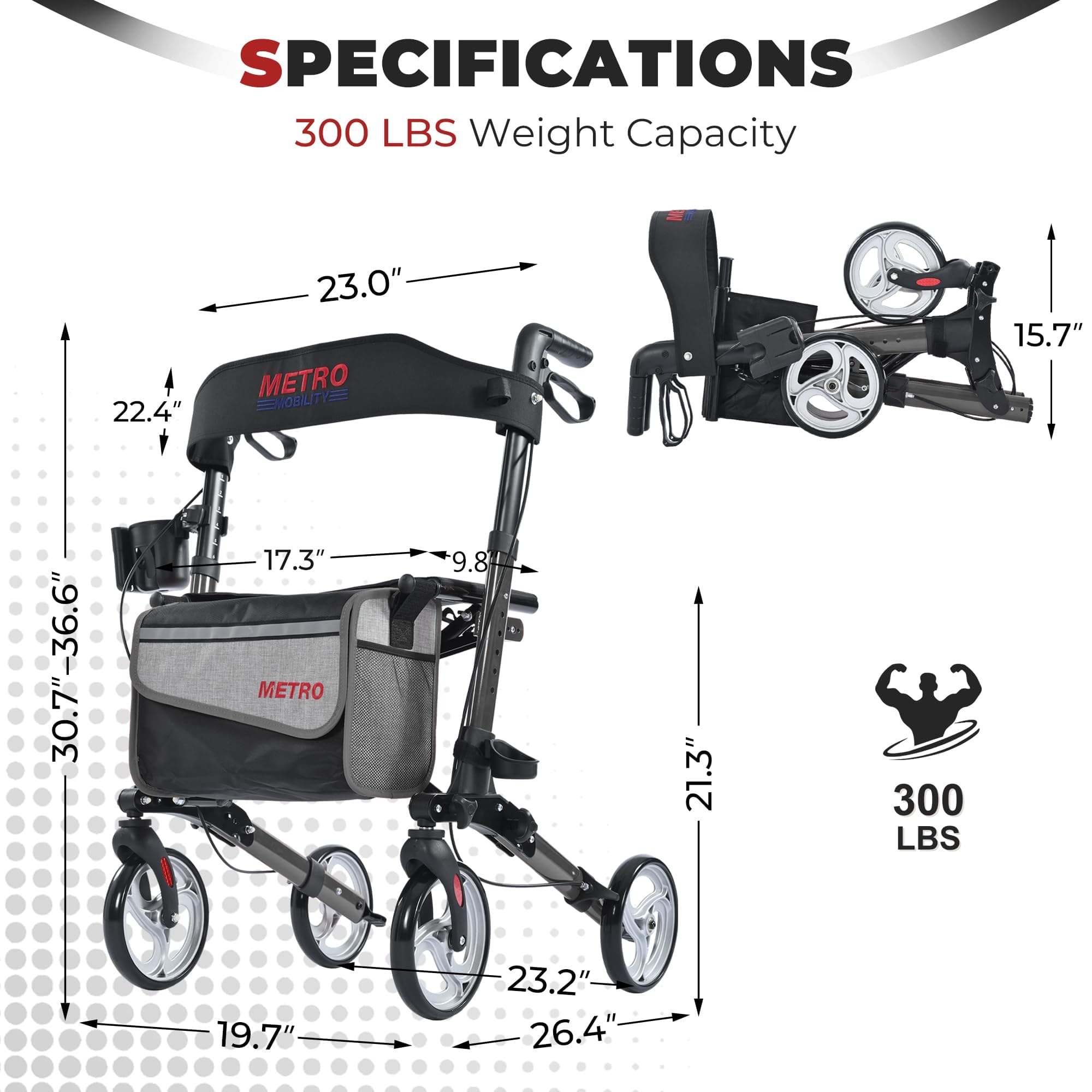 Metro Mobility Rollator Walker with Seat for Seniors, Foldable Lightweight Rolling Walker, 8" Big Wheels for All Terrain, 300 lb. Weight Capacity, Black