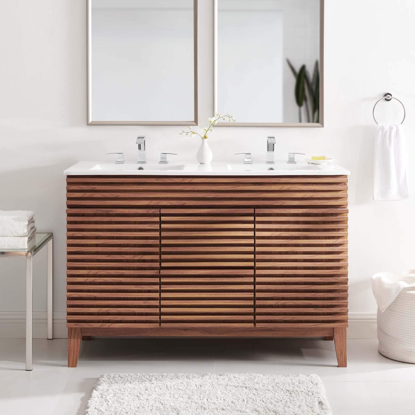 Render 48" Double Sink Bathroom Vanity Cabinet in Walnut White