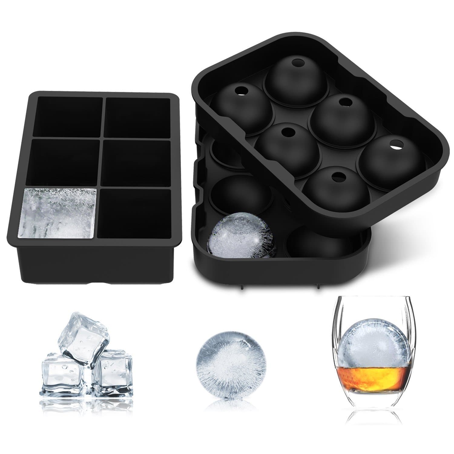Silicone Ice Cube Trays Combo (Set of 2), Sphere Ice Ball Maker with Lid & Large Square Molds, Reusable & BPA Free