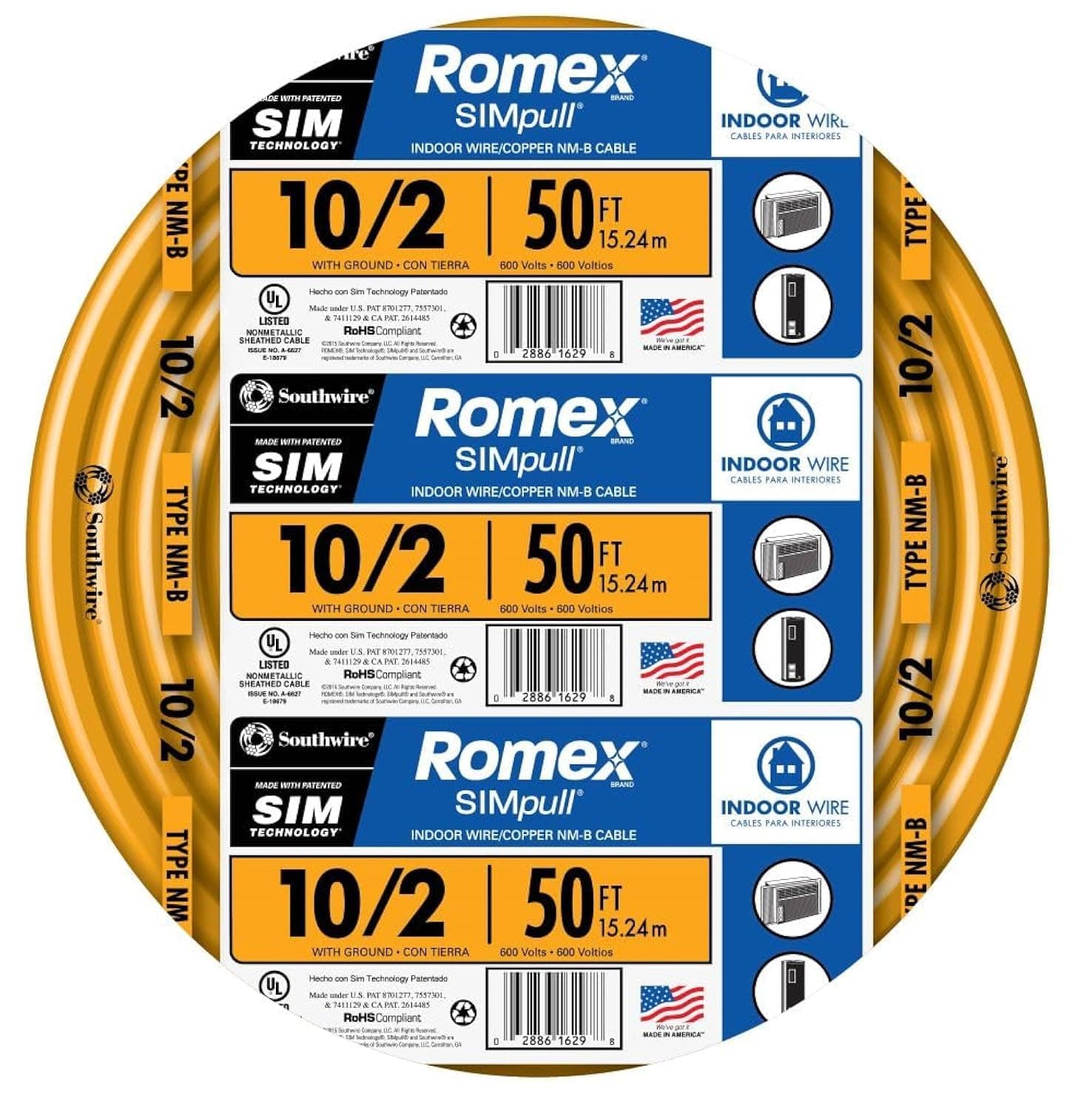Romex Brand Simpull Solid Indoor 10/2 W/G NMB Cable 50ft coil - SW# 28829022