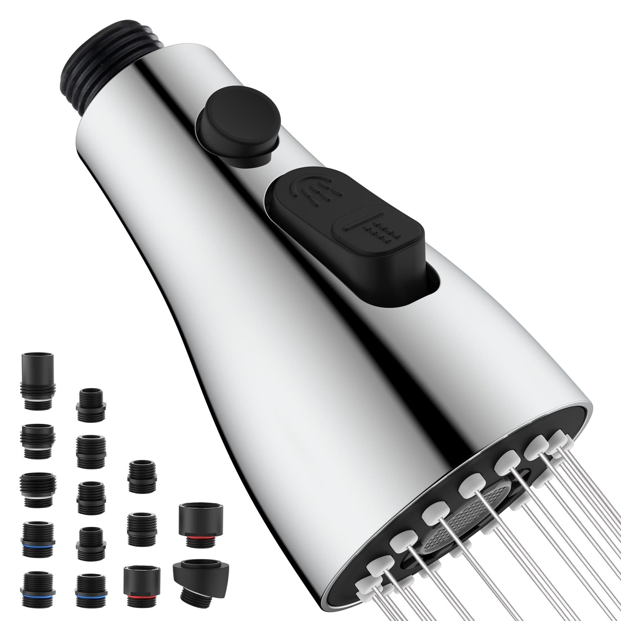 Kitchen Faucet Head Replacement with 15 Adapters - 3 Functions Pull Down Spray Head for Kitchen Faucet, Pull Out Faucet Sprayer Head Nozzle, Kitchen Sink Faucet Sprayer Head Replacement, Chrome