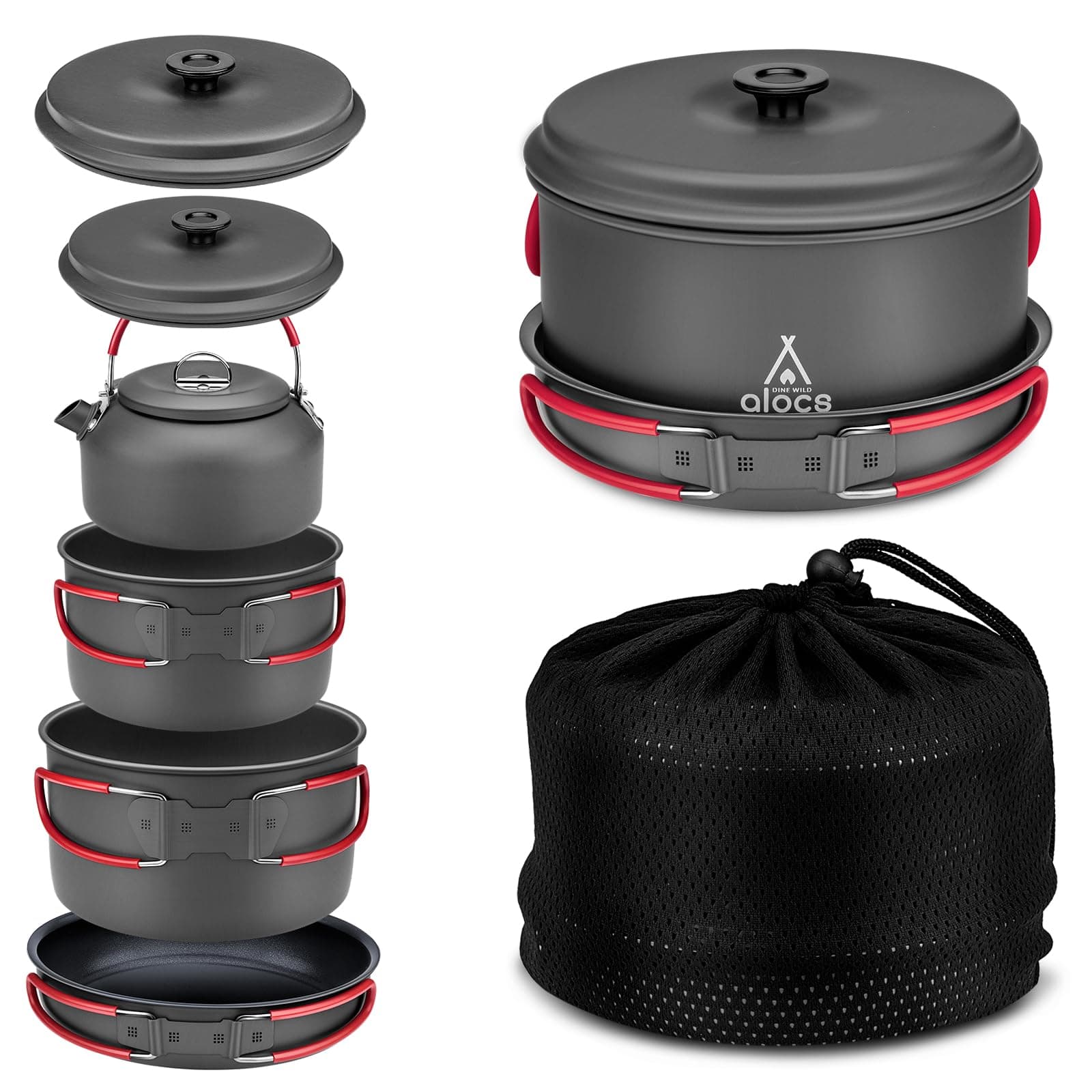 Alocs Camping Cookware Set Camping Gear, Compact Camping Pots and Pans Set, Durable Hard Alumina Camping Cooking Set for Outdoor Backpacking Camping Hiking Picnic, Included Mesh Carry Bag