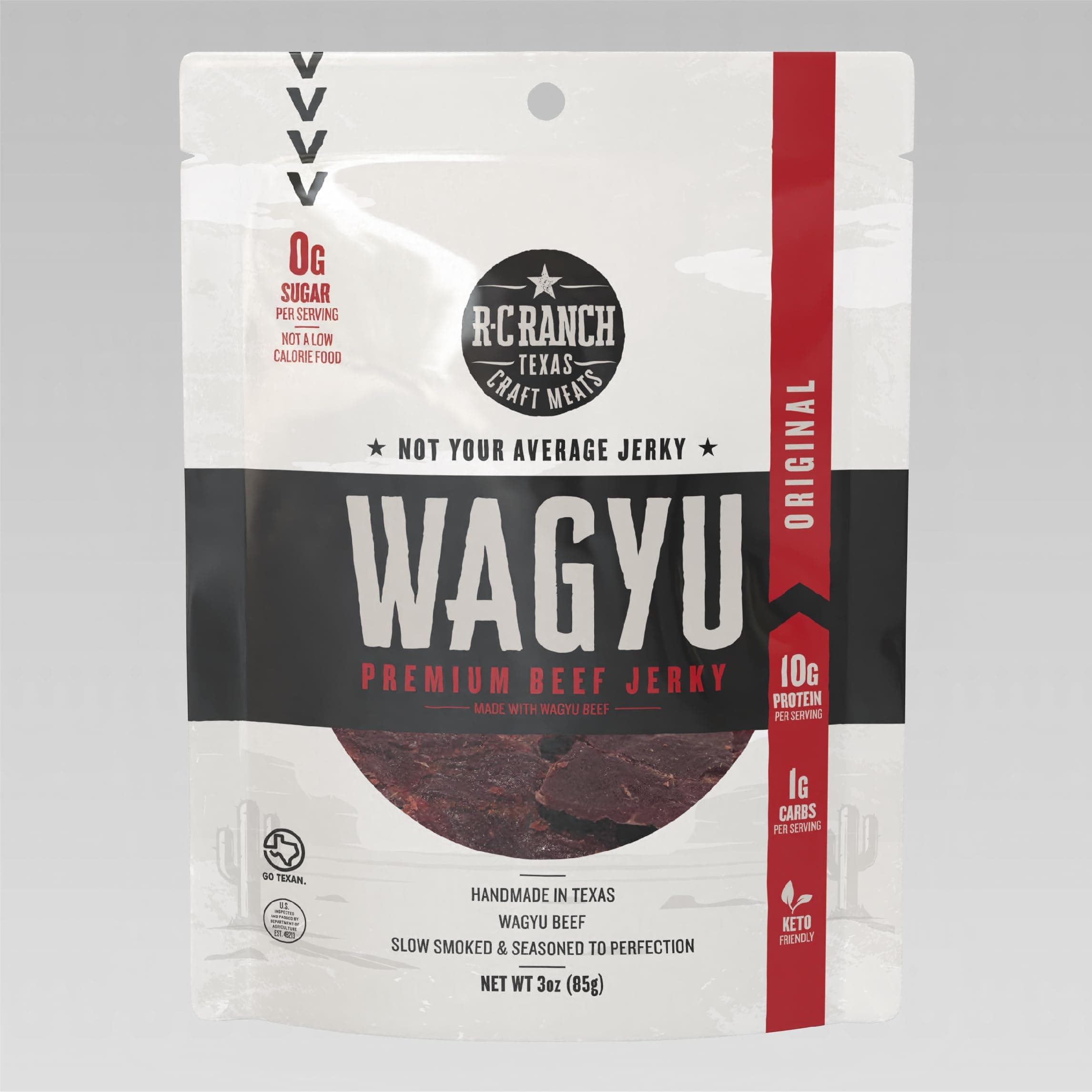 R-C Ranch - Wagyu Beef Jerky - Texas Original 3oz, Zero Sugar, Keto Friendly, Gluten Free, Low Carb