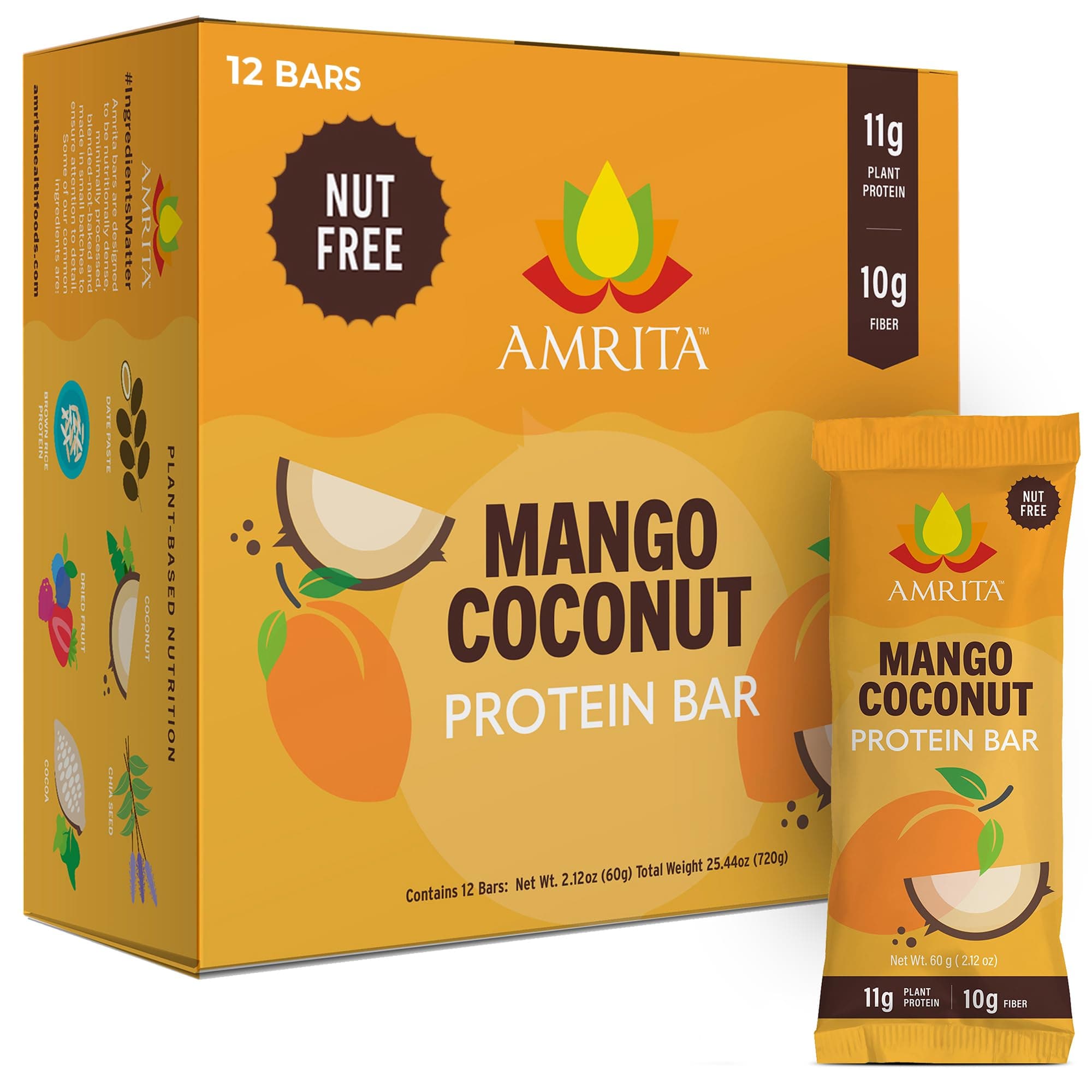 Amrita Nut Free Mango Coconut Vegan Protein Bars (12 Count) | 11g Plant-Based Protein Bar | Peanut Free, Gluten Free, and Dairy Free | Low Sugar, High Fiber, Healthy School-Safe Snacks