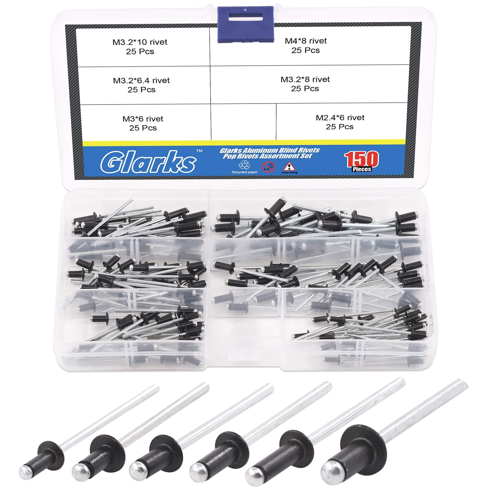 Glarks 150Pcs 6 Size Black Blind Rivets Assortment Kit, M2.4 M3.0 M3.2 M4 Aluminum Pop Rivets for Sheet Metal, Automotive, Railway, and Furnitures