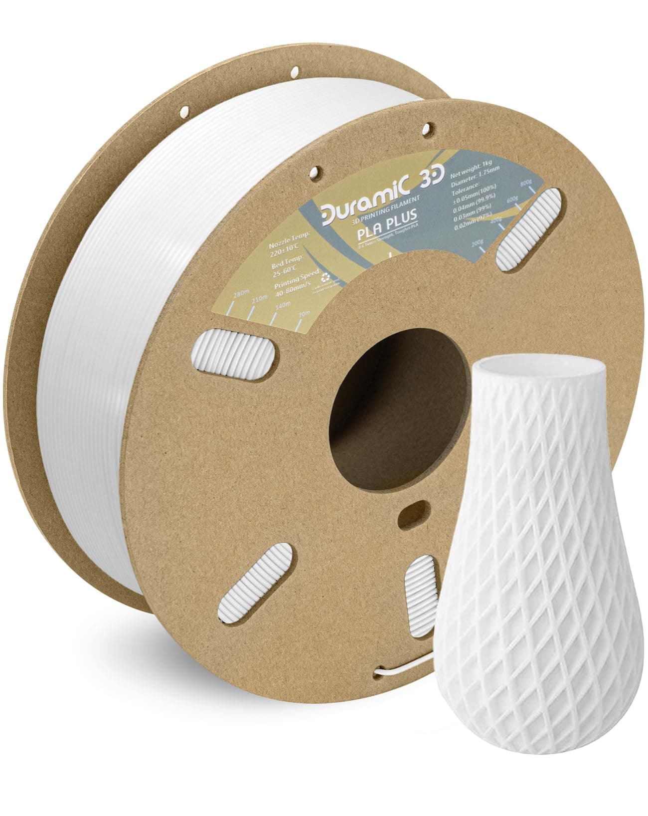 DURAMIC 3D PLA+ Filament 1.75mm 1Kg White, PLA Plus Filament 1Kg Spool(2.2lbs) Tougher and Stronger, Dimensional Accuracy Probability +/- 0.02mm