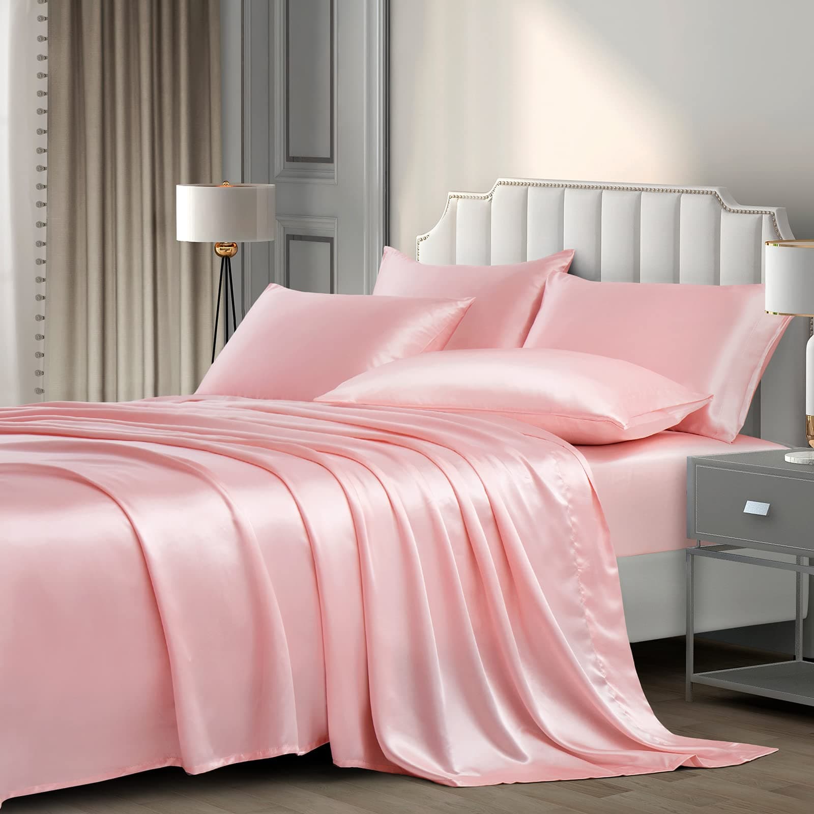 Pothuiny Satin Sheets - Queen Bedding Sets (6 Pieces, Blush Pink) - Luxury Silky Satin, 1 Fitted Sheet + 1 Flat Sheet + 4 Pillow Cases