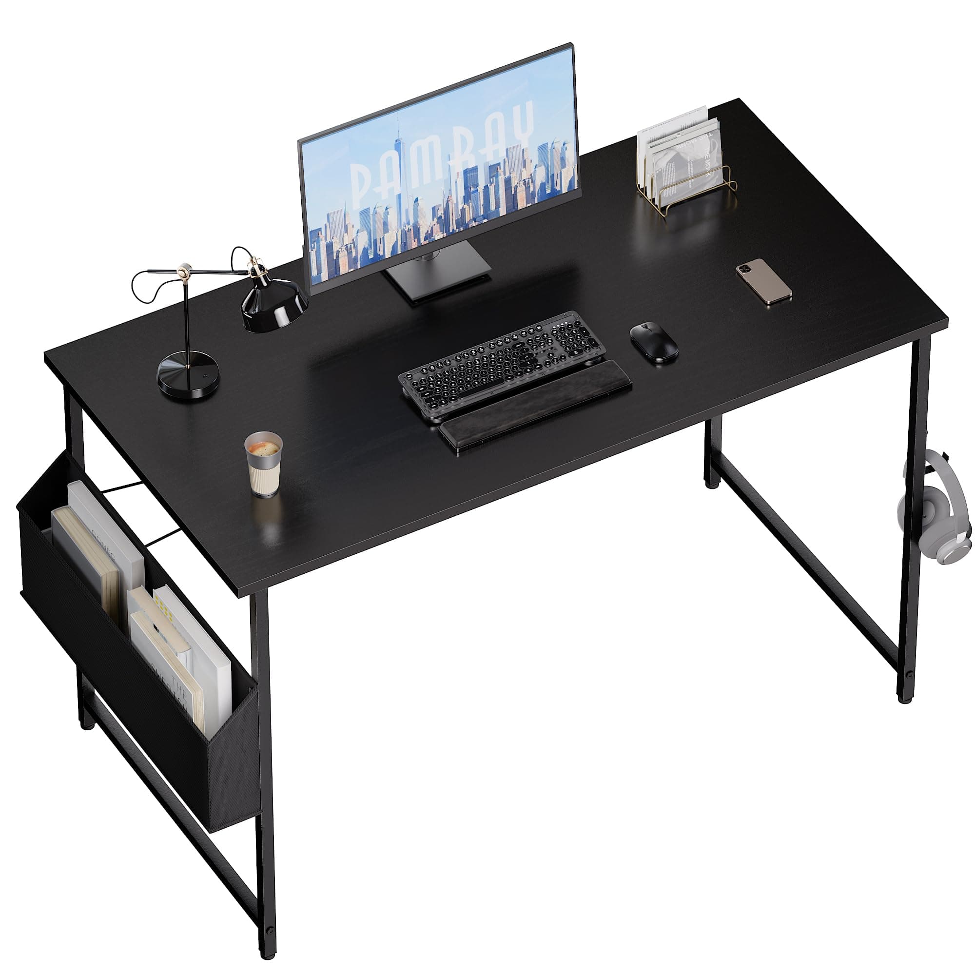 Pamray 47 Inch Computer Desk for Small Spaces with Storage Bag, Home Office Work Desk with Headphone Hook, Small Office Desk Study Writing Table