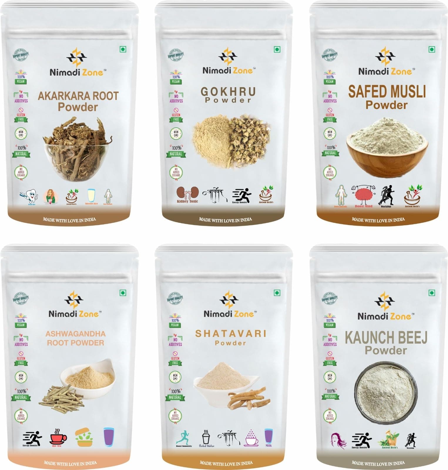 Pack Of 6 Different Powers i.e Akarkara, Gokhru, Safed Musli, Kaunch, Ashwagandha & Shatavari (100 grams pack each) = 600 grams Total (100 grams pack)