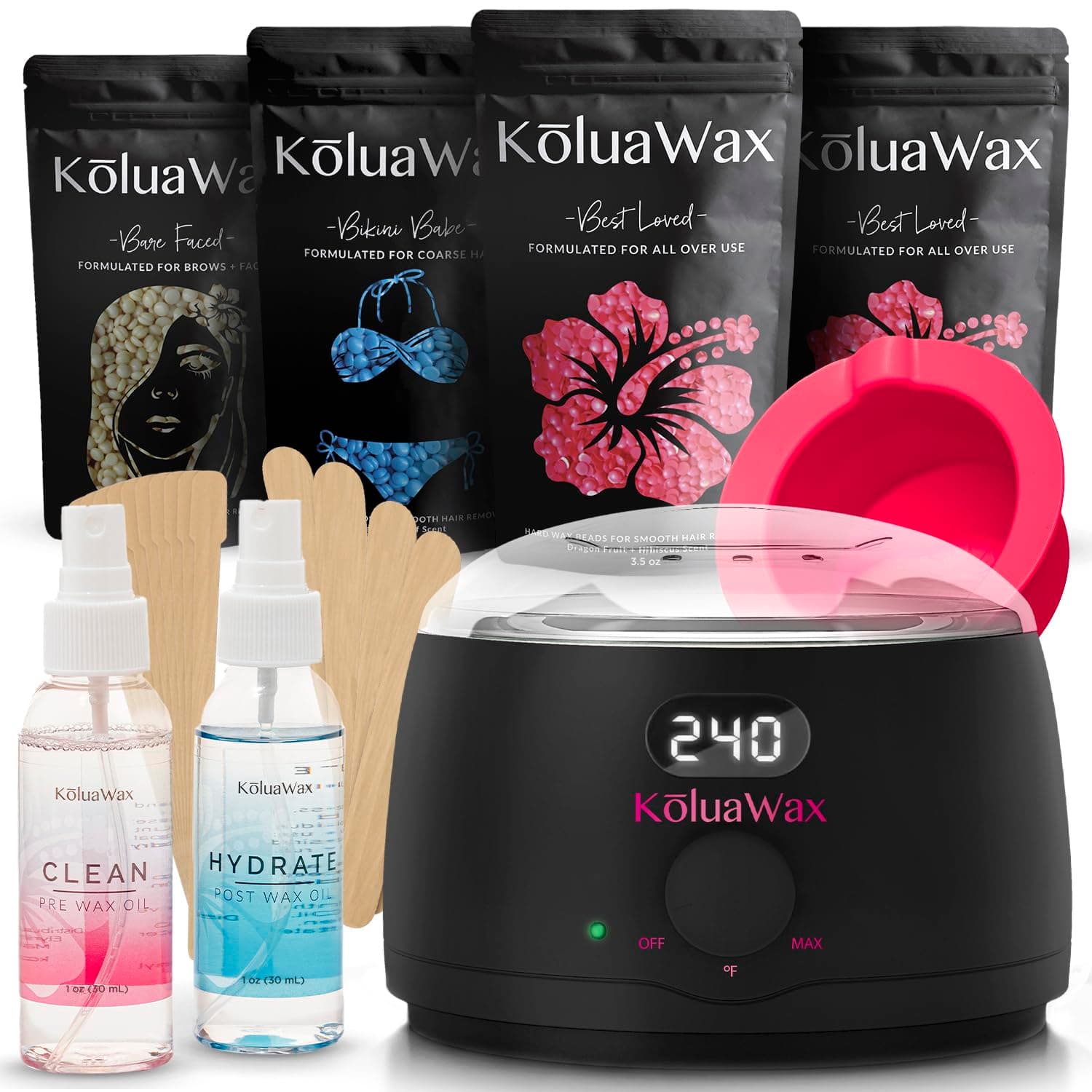 KoluaWax Premium Waxing Kit for Women - Hot Melt Hard Wax Warmer for Hair Removal, Eyebrow, Bikini, Legs, Face, Brazilian Wax - Machine (Pack of 4) Beads, Accessories, Black
