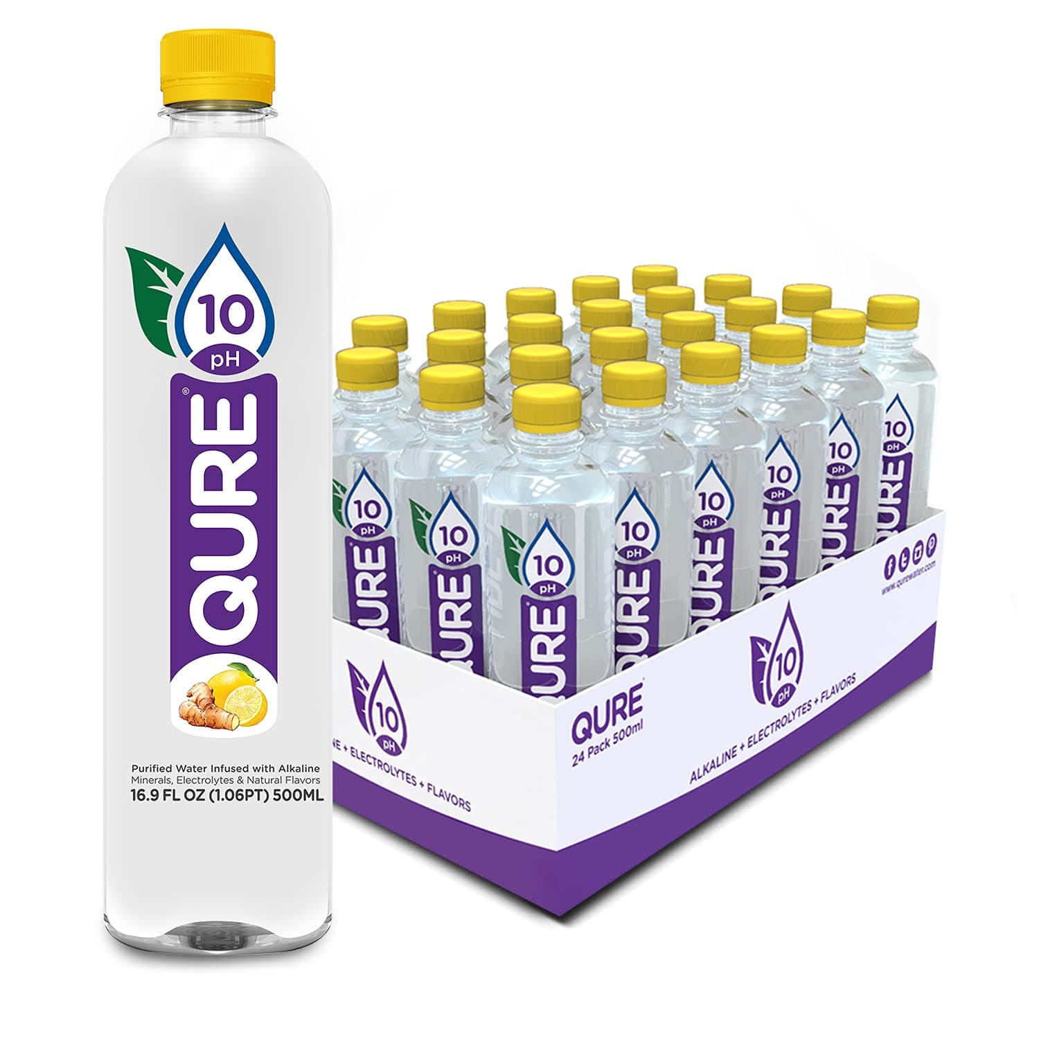 QURE Water Lemon Ginger, Silky Smooth 10 pH with Ionized Alkaline Minerals, Electrolytes, and Lemon Ginger Flavor Essence. Zero Sugar, Zero Calories, Zero Sweeteners, 16.9 fl oz (500mL) Pack of 24