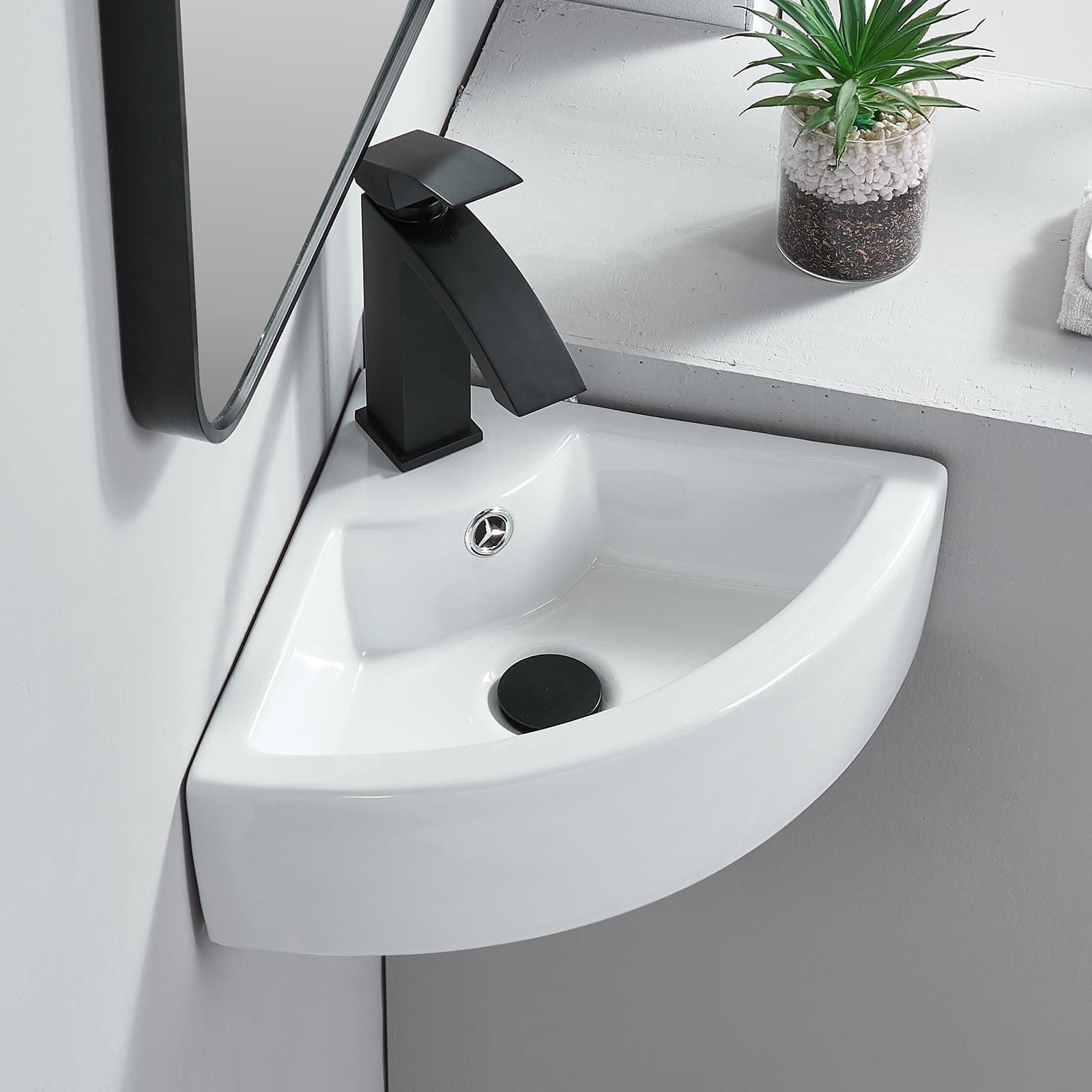 VAPSINT Small Wall Mount Corner Sink, Ceramic Liberty Above Counter Wall Mounted Sinks, White Wall Hung Bathroom Sink Mini Vanity Vessel Sinks with Single Faucet Hole and Overflow