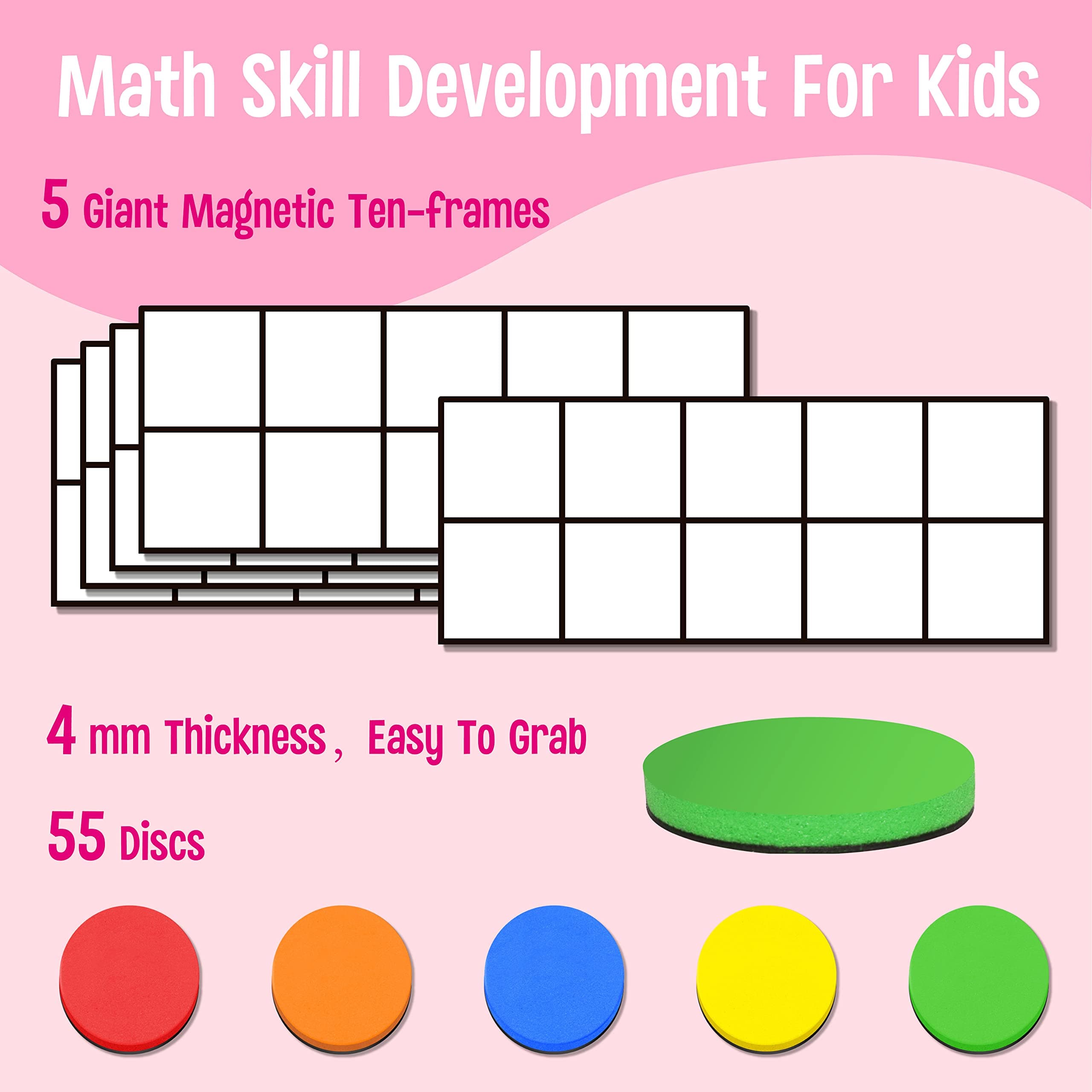SpriteGru Magnetic Ten-Frame Set, including 5 frames (no hollowed out) and 55 colorful discs