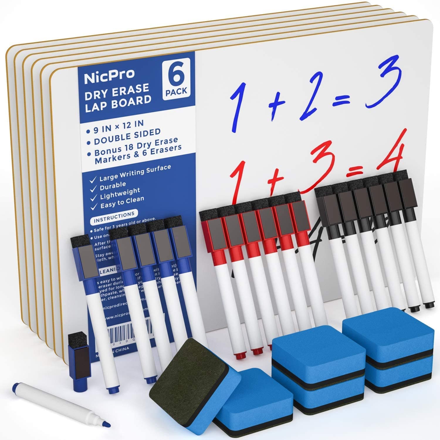 6 Pack Dry Erase Lap Board Kid Double Sided Small Whiteboard 9 x 12 inches with 18 Pens and 6 Erasers Learning Mini White Board Portable Bulk School Supplies for Student and Classroom Use