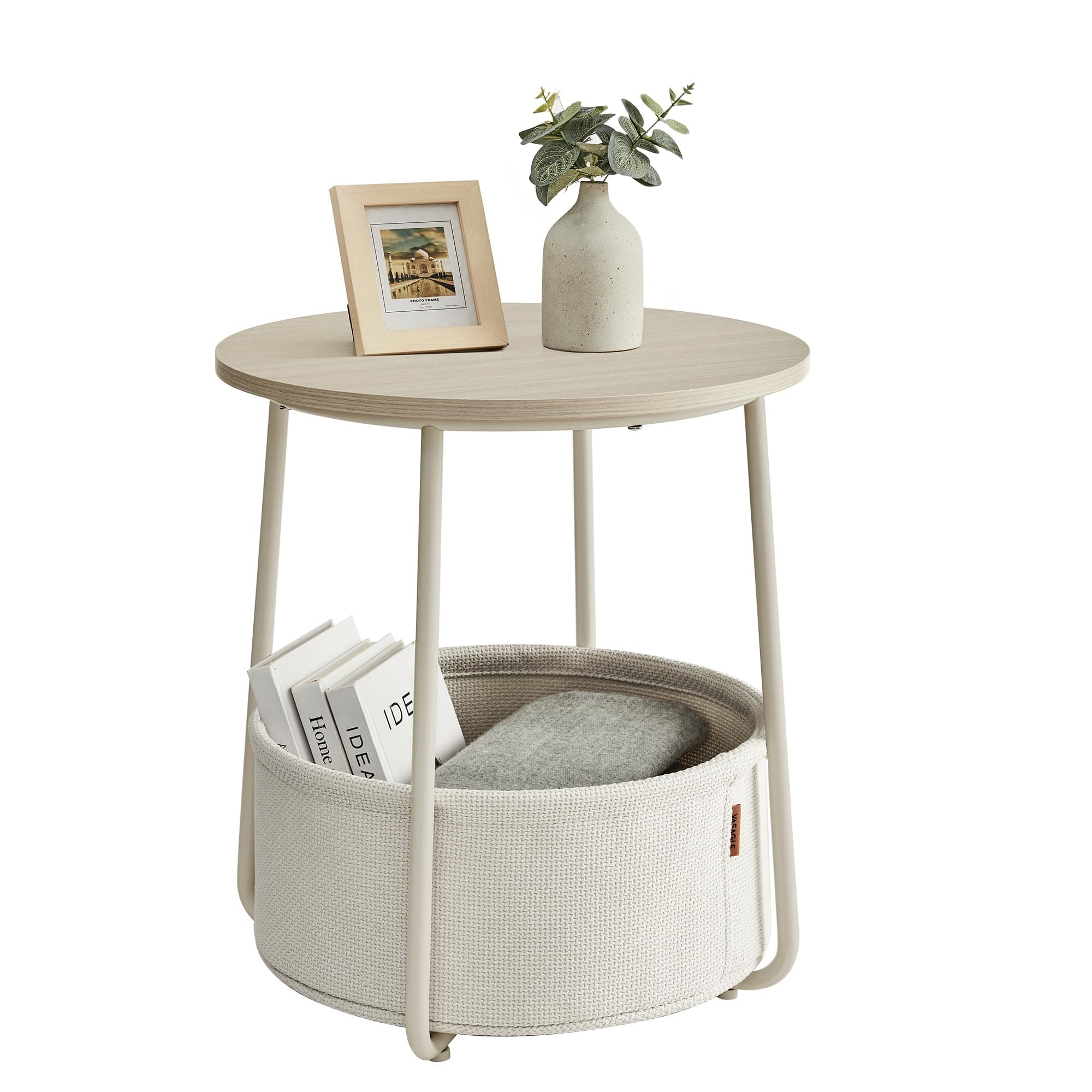 VASAGLE Small Round Side End, Modern Nightstand with Fabric Basket, Bedside Table for Living Room Bedroom, Cream White