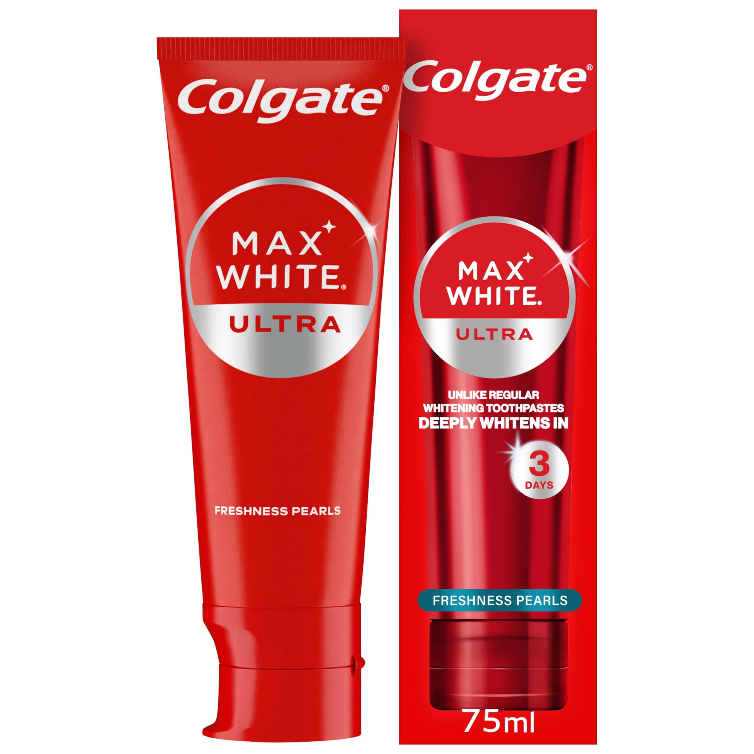 – Max White Ultra Freshness Pearls Whitening Toothpaste 75ml - Deeply whitens in just 3 Days - Removes deep-Set Stains - Warming Sensation and Rich Foam - Enamel Safe for Daily use