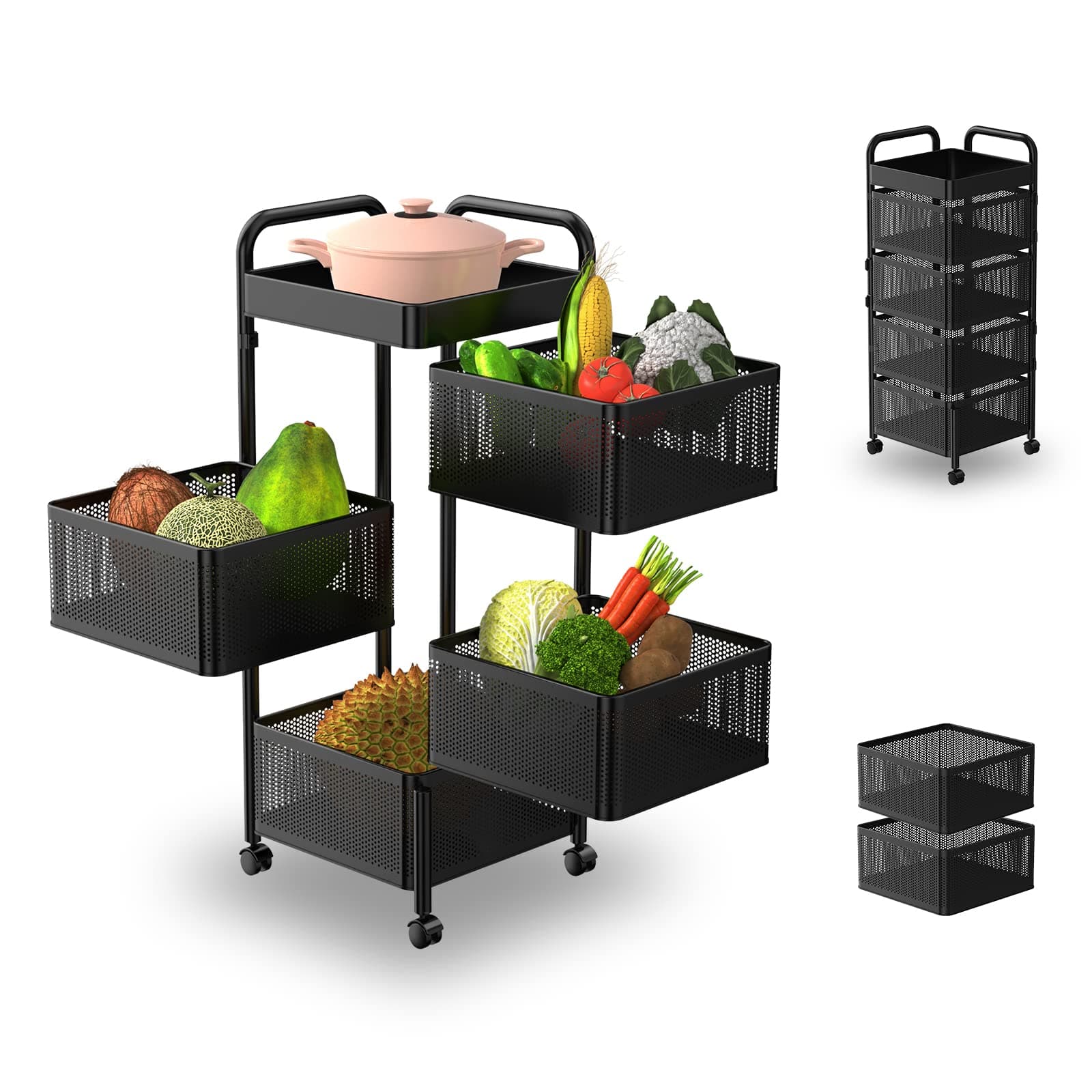 Rotating Kitchen Storage Rack No Assembly, Bathroom Shelf, Organizers and Storage Cart for Fruit Vegetable Grocery Corns Potato Onion(Black, 4-Tier Square)