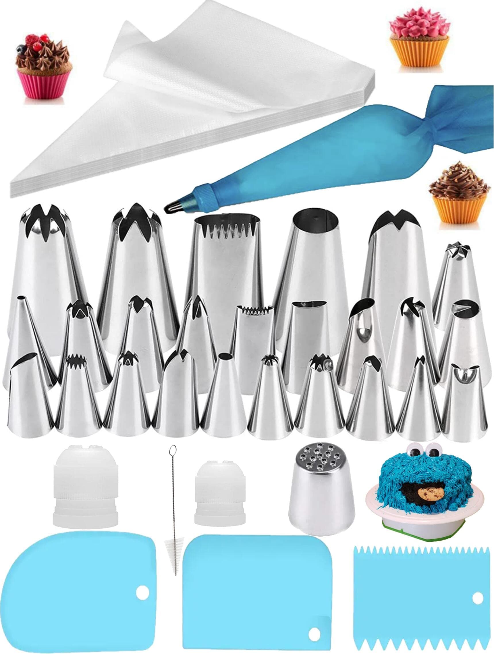 Piping Bag and Tips Set, Cake Piping Set for Baking with Reusable Piping Bags and Tips, Standard Converters, Silicone Rings, Decorating Supplies for Deviled Egg, Cake, Cupcake and Cookie Icing