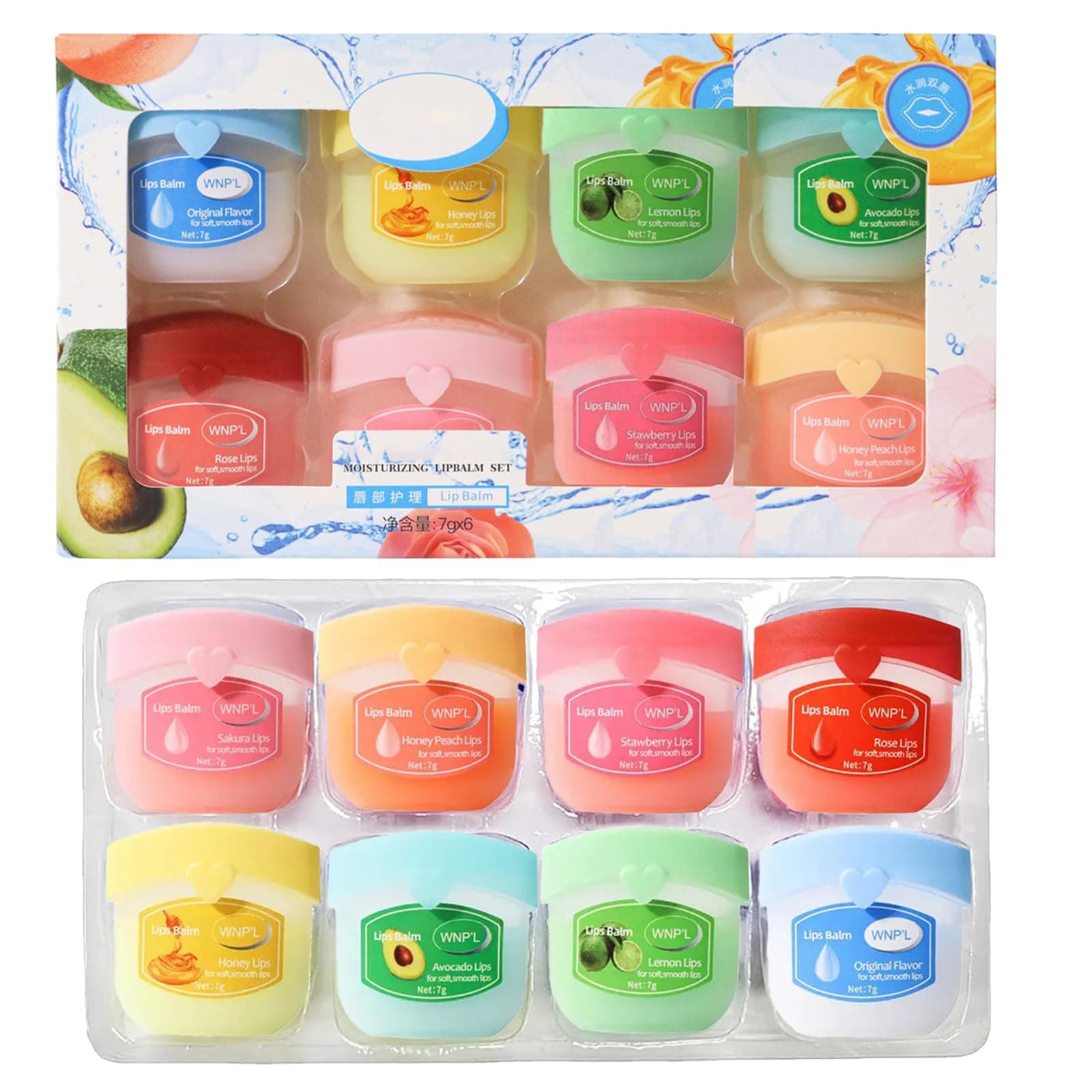 Lip Balm Multipack,8 Packs Lip Balm Gift Set,Original, Beeswax, Avocado, Rose, Sakura, Peach, Lemon & Strawberry,Day&Night Lip Care,Lip Repair Mask Lip Exfoliator Lip Moisturizer