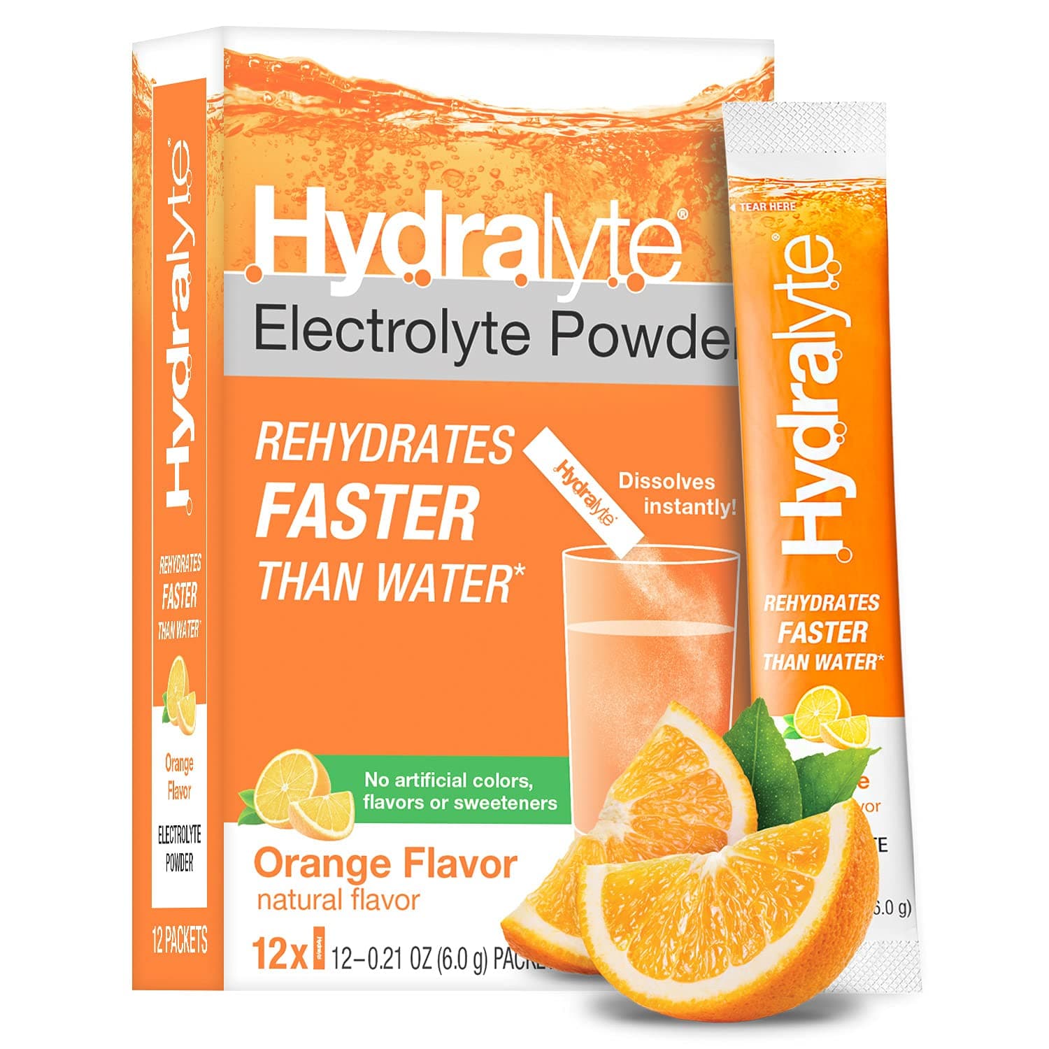 Hydralyte Electrolyte Hydration Powder Packets | Lightly Sparkling | Single Serve Powder Drink Mix for Workout, Cold & Flu, Late Night Recovery | NON-GMO, Instant Dissolve | All Natural Orange, 12 ct