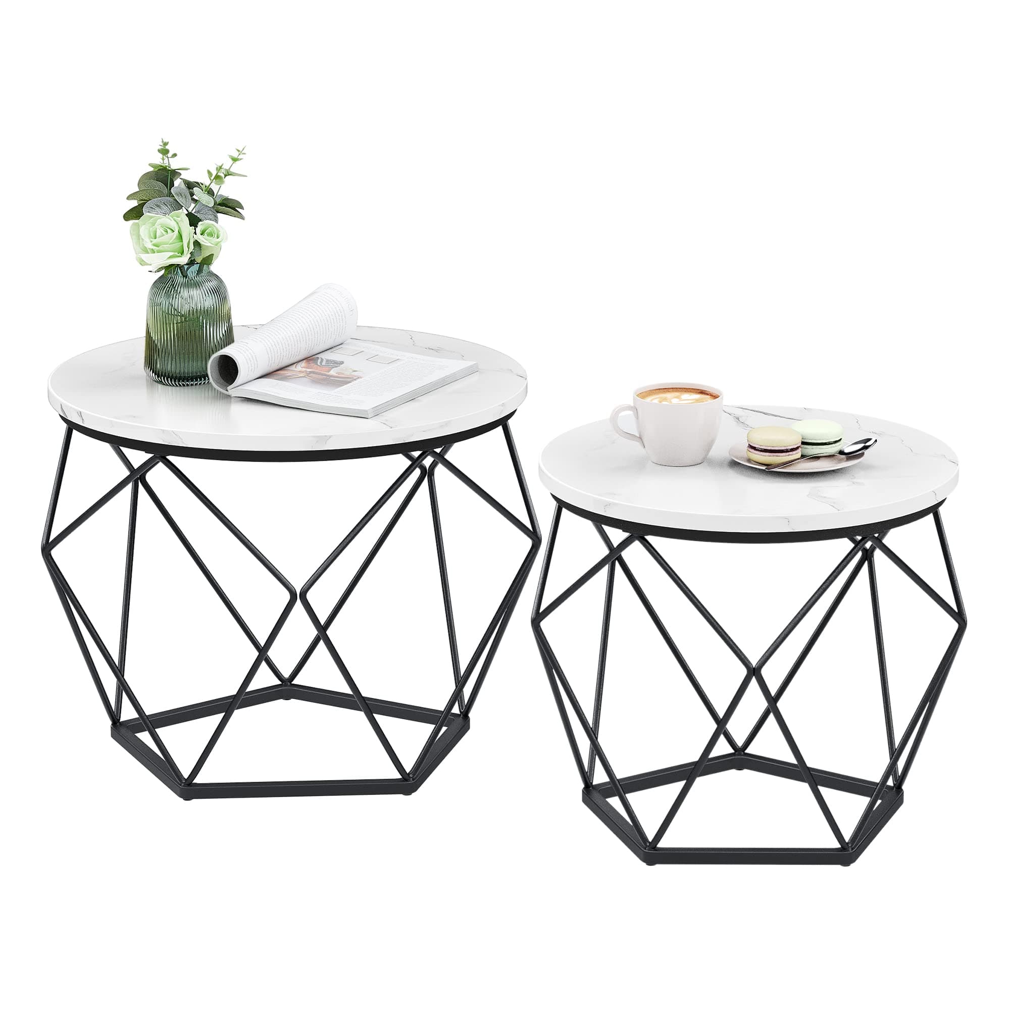 – VASAGLE Small Coffee Table Set of 2, Round Coffee Table with Steel Frame, Side End Table for Living Room, Bedroom, Office, Marble White and Ink Black
