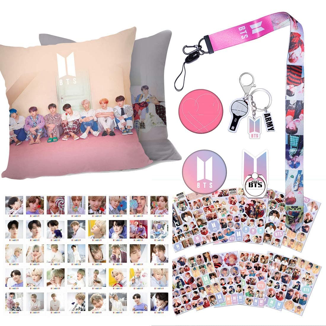 ReNice BTS Gift Set for ARMY - 1 BTS Pillow Case/40 BTS Lomo Cards/12 Sheet BTS Stickers/1 BTS Lanyard/1 BTS Phone Holder/1 BTS Keychain/2 BTS Button Pins/2 BTS Tatoo Stickers