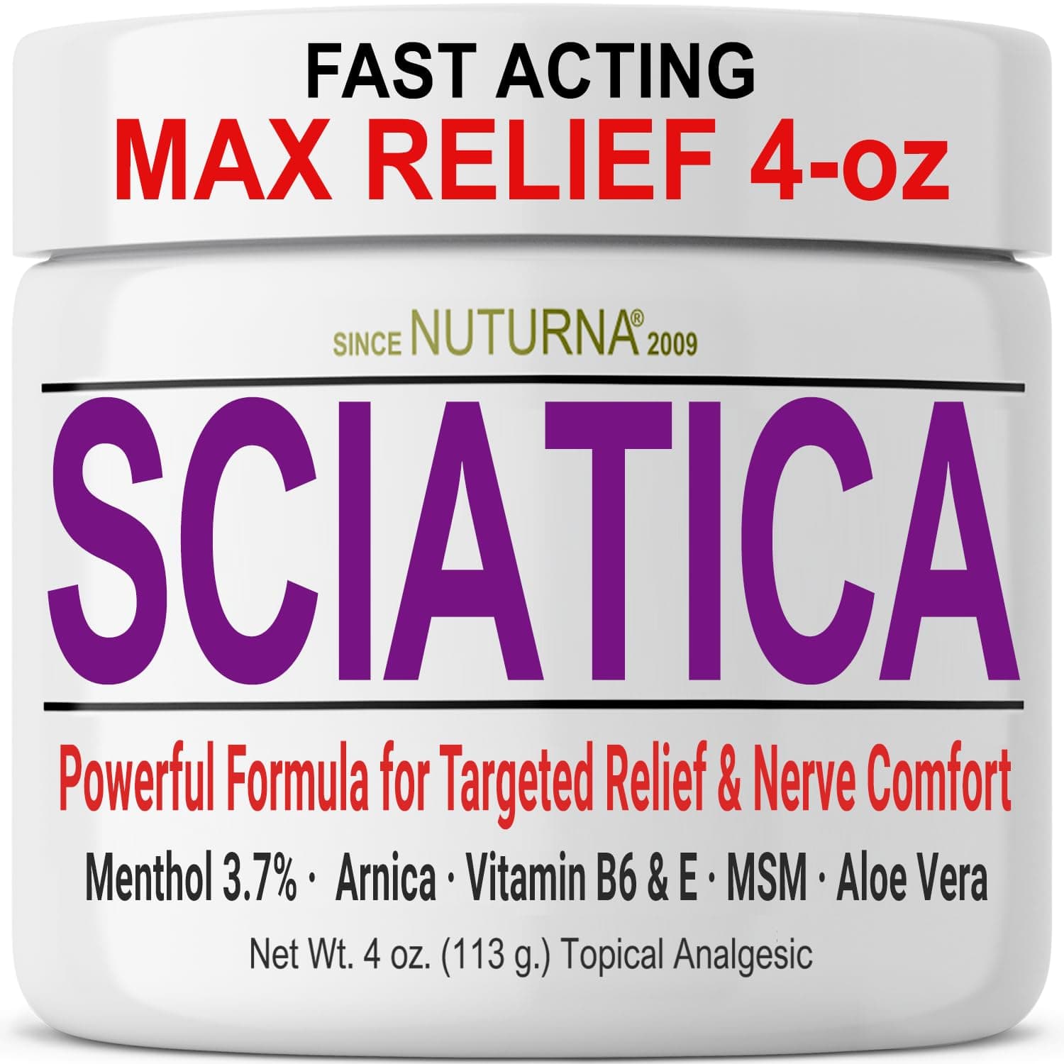 Sciatica Nerve Cream - Maximum Strength Comfort Cream for Feet, Hands, Legs, Toes, Back - Natural Ultra Strength Arnica, MSM, Menthol, Soothing Comfort, Large 4 Oz