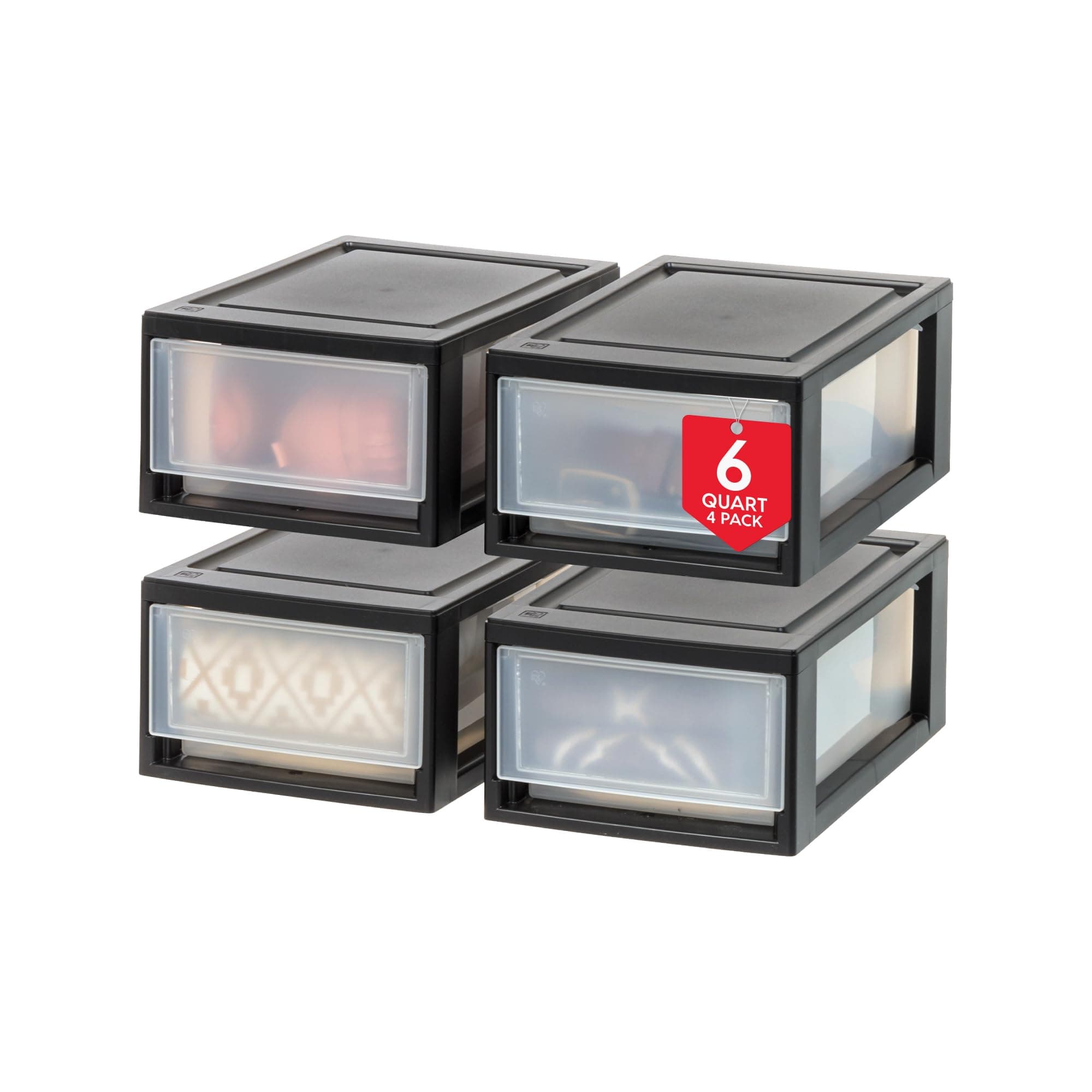 6 Qt. Small Plastic Stacking Drawer, Stackable Storage Organizer Unit with Sliding Drawer for Bedroom Kitchen Under Sink Pantry Craft Room Dorm Office, Black, 4-Pack