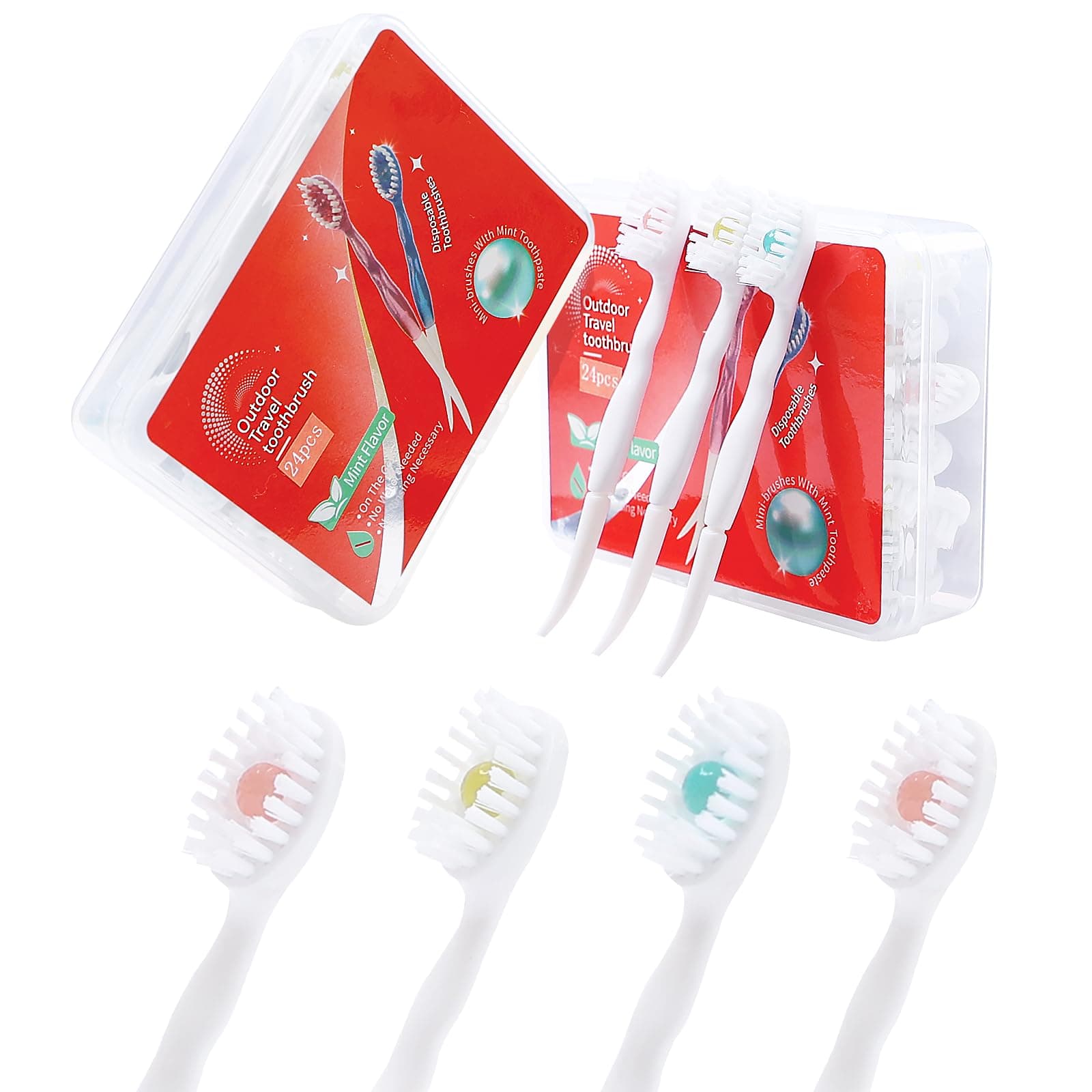 Disposable Mini Toothbrush - Travel Toothbrushes with Toothpaste Portable for Work or Travel Mint + Peach + Plum & Green (Mixed Flavor, 48 Count - 2 Pack)