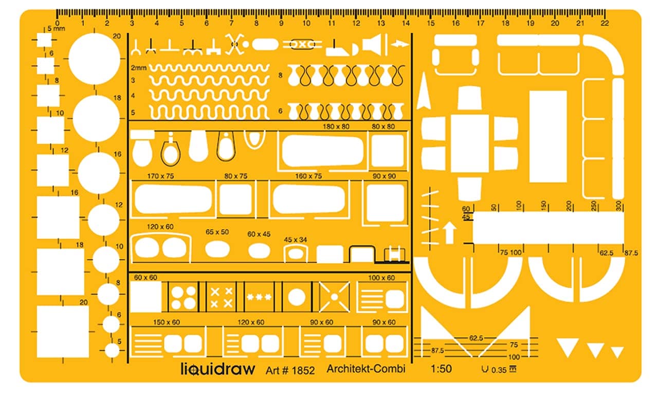 Liquidraw 1:50 Scale Architectural Scale Ruler | House Interior Floor Plan Template | Technical Architect Drafting Tool | Contains Furniture & Fixtures Symbols for Kitchen, Bathroom | 1.5mm Thick