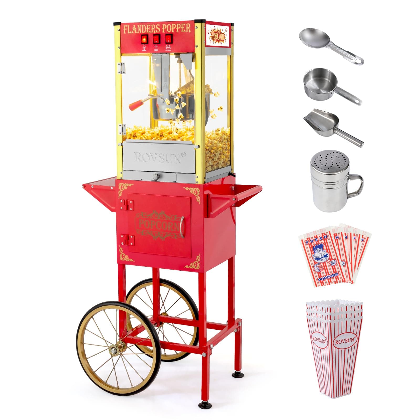 Popcorn Machine with Cart & 8 Oz Kettle Makes Up to 32 Cups ETL Certified, Vintage Popcorn Maker with Stainless Steel Scoop, Oil Spoon & 3 Popcorn Cups for Commercial Home Movie Theater, Red