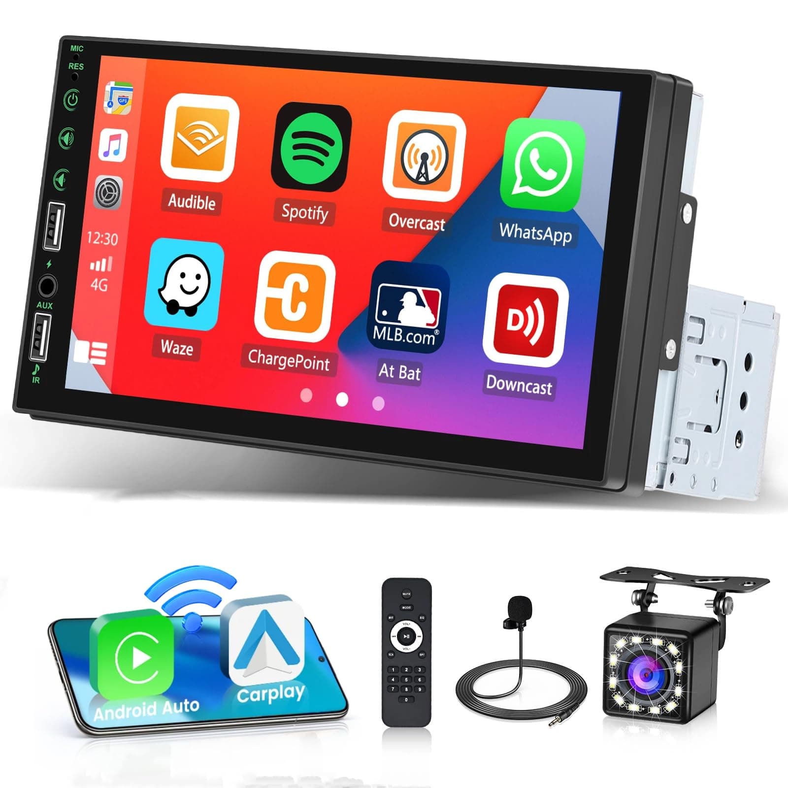 Single Din Car Stereo with Wireless Apple CarPlay Android Auto, 7 Inch Touch Screen Bluetooth Car Radio Hands-Free GPS Navigation FM AUX USB Fast Charging EQ SWC Rear View Camera