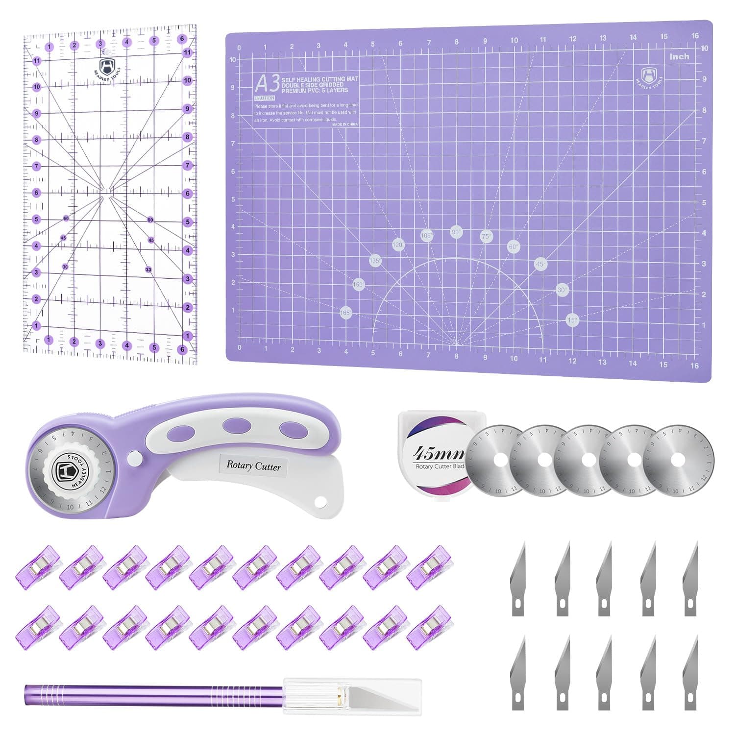 Headley Tools Rotary Cutter Set - 45mm Fabric Cutter, 5 Extra Rotary Blades, A3 Cutting Mat, Quilting Ruler and Sewing Clips, Craft Knife Set, Ideal for Crafting, Sewing, Patchworking, Purple