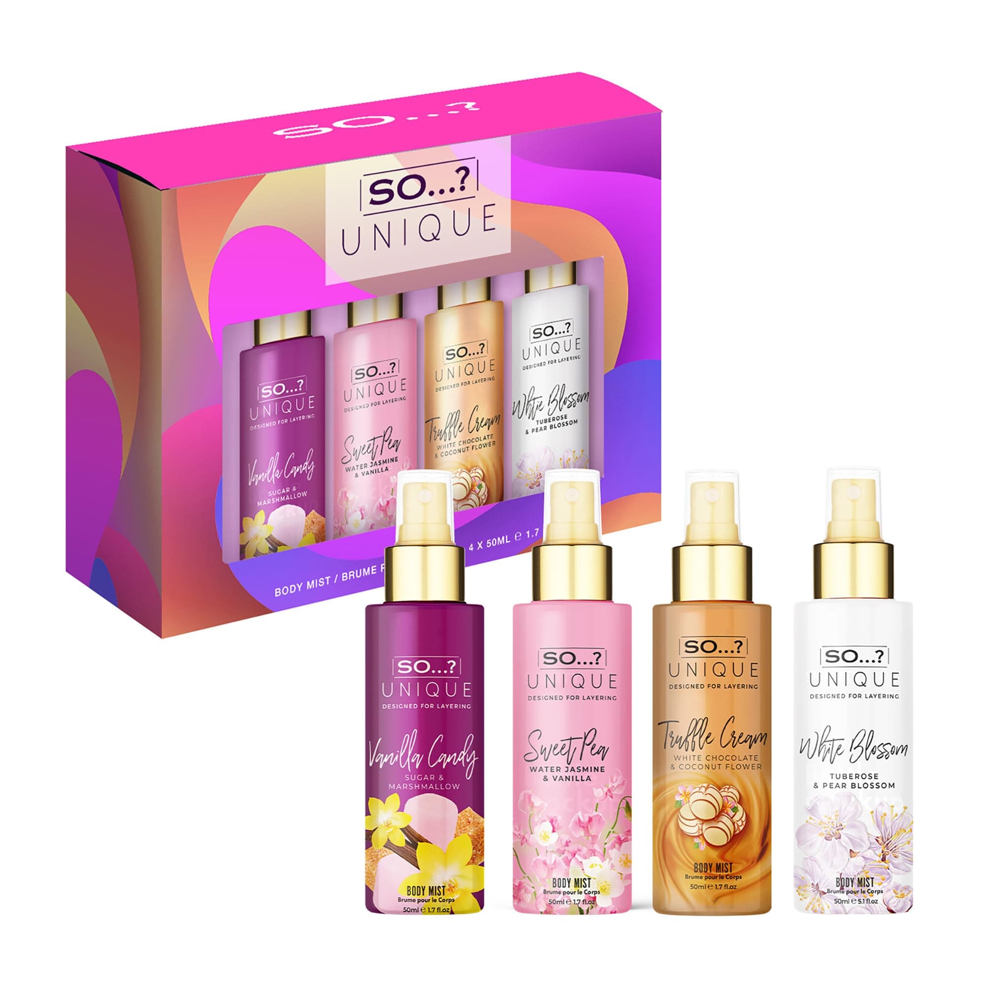 Unique Mini Mist Womens Gift Set with Vanilla Candy, Sweet Pea, Truffle Cream, & Cashmere, Body Mist Fragrance Spray Set (4 x 50ml.)