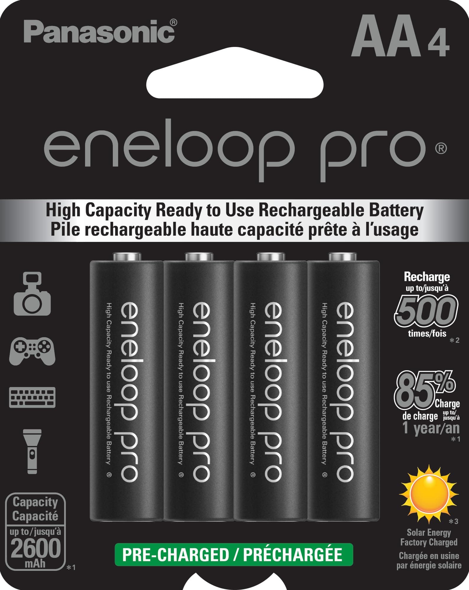 BK-3HCCA4BA eneloop pro AA High-Capacity Ni-MH Pre-Charged Rechargeable Batteries, 4-Battery Pack
