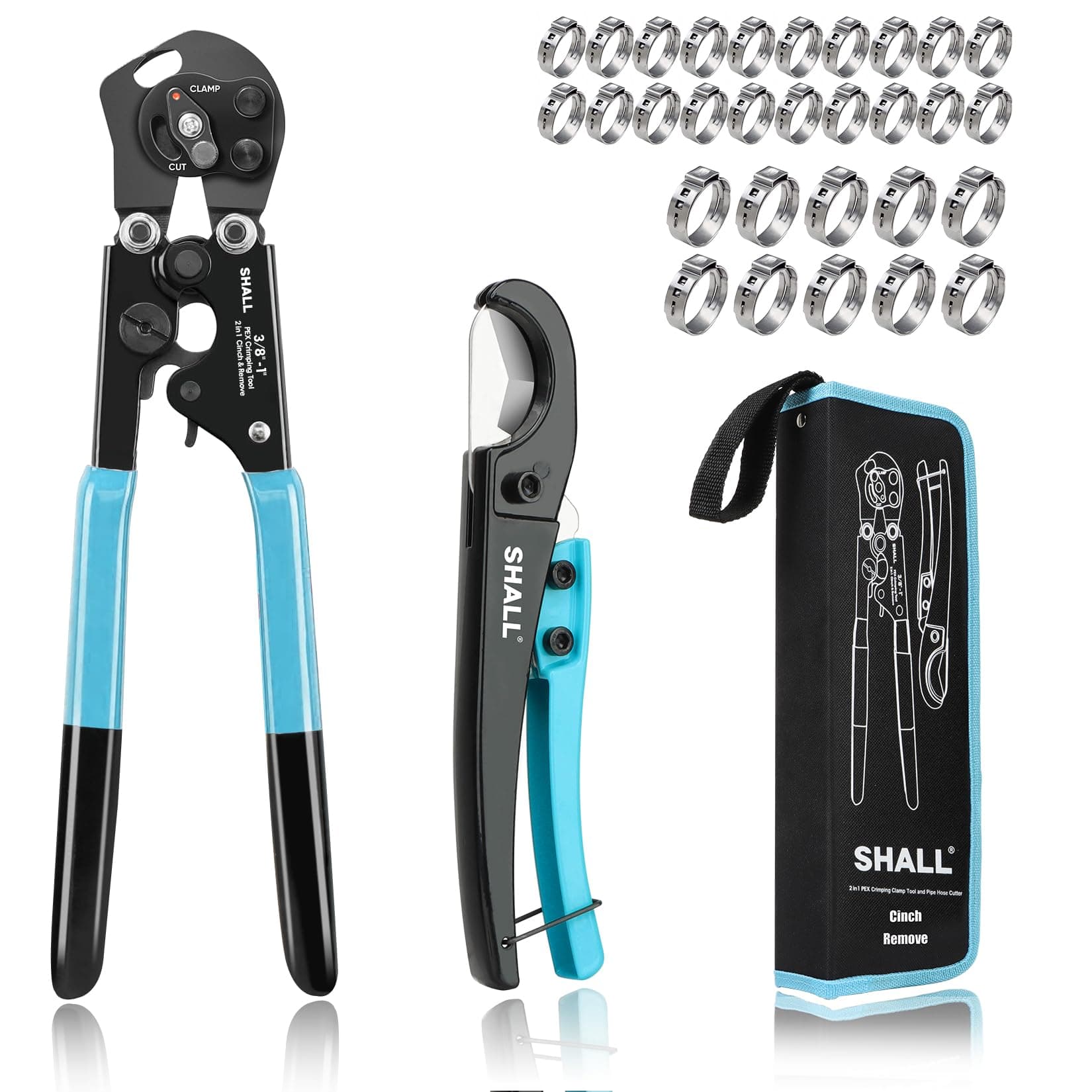 SHALL 2-IN-1 Pex Crimping Clamp Cinch & Remove Tool with Pipe Hose Cutter, Pex Pipe Fitting Crimper Tool Kit for 3/8" to 1" Stainless Steel Clamps Including 20pcs 1/2", 10pcs 3/4" Clamps & Storage Bag