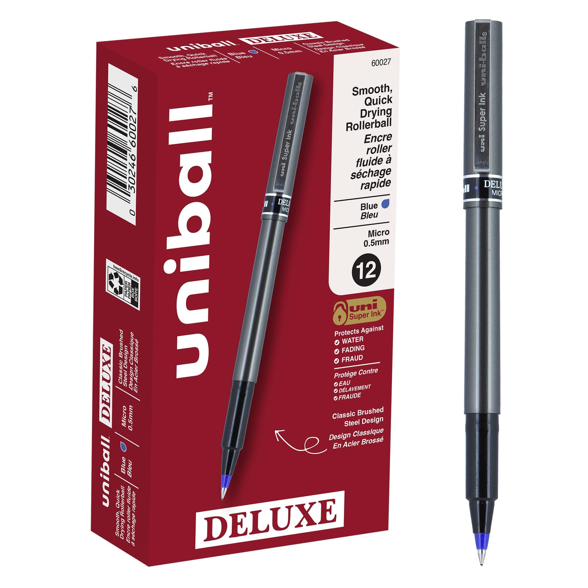 Deluxe Roller Ball Stick Waterproof Pen, Blue Ink, Micro, Dozen (Parallel Import)