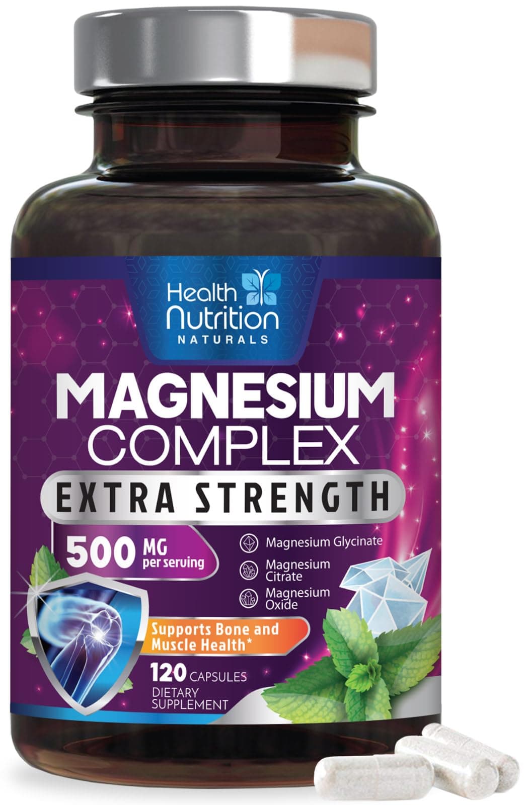 Magnesium Complex Capsules - 500mg per Serving Magnesium - High Absorption Chelated Mineral Supplement - with Oxide, Glycinate, Malate, Citrate for Muscle Bone and Heart Health Support - 120 Capsules