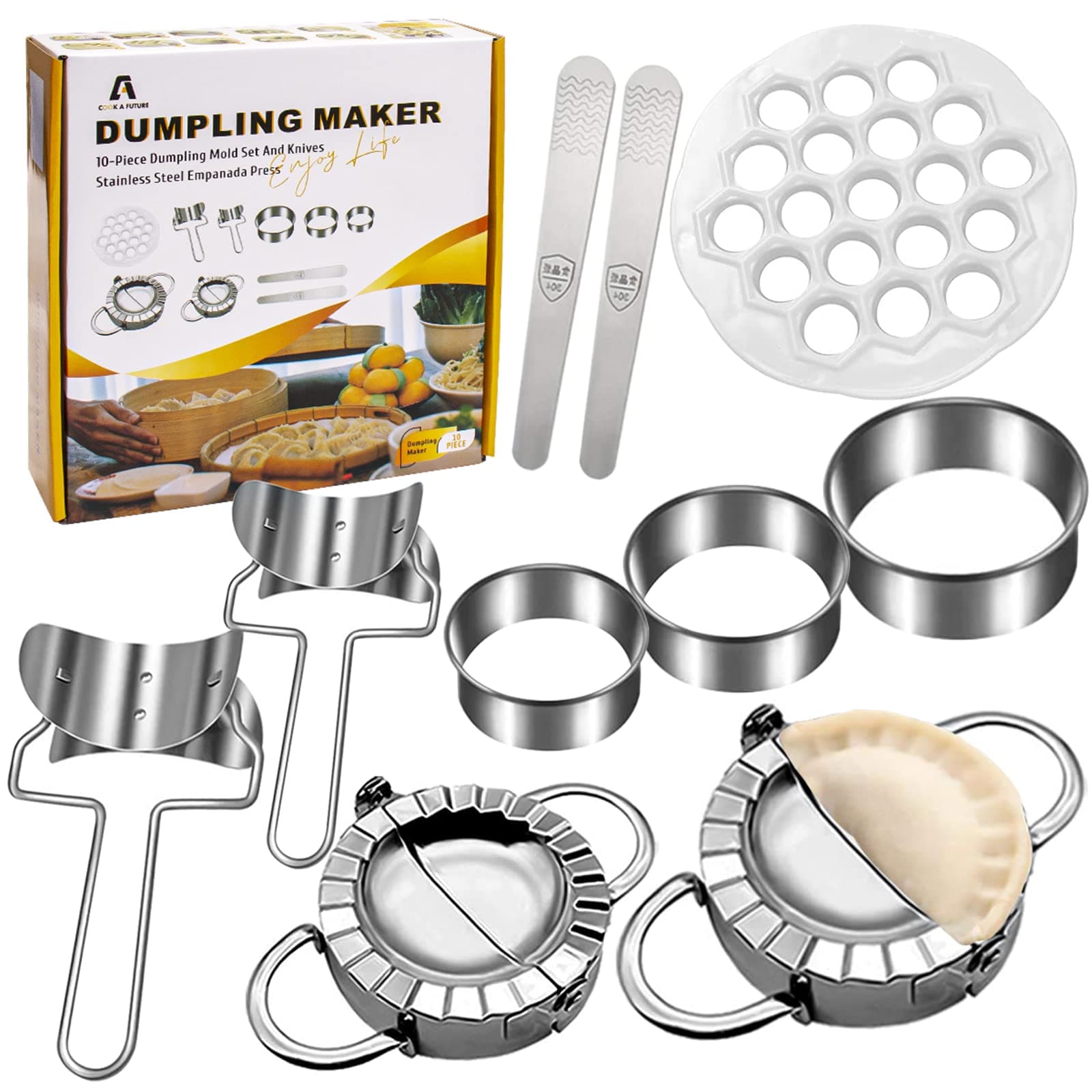 Dumpling Maker, 10PCS Stainless Steel Dumpling Mold Set and Knives Empanada Press, DIY Chinese Dumpling Pie Wonton Pie Stamper Kitchen Accessories