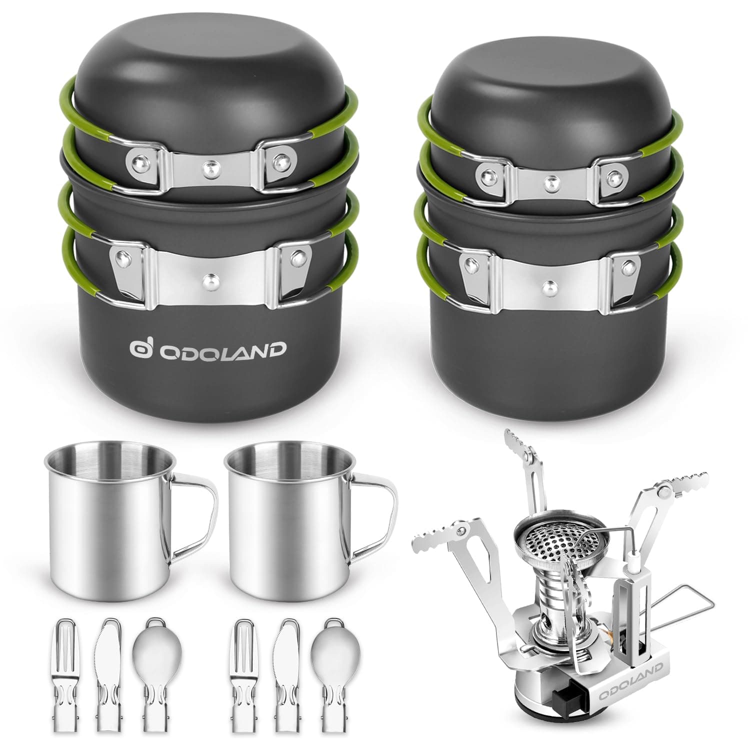 Odoland Camping Cookware Mess Kit, Camping Pot and Pan Set with Mini Backpacking Stove, Stainless Steel Cup, Spork and Tank Bracket, Cooking Gear for Outdoor, Hiking, Picnic, Campfire