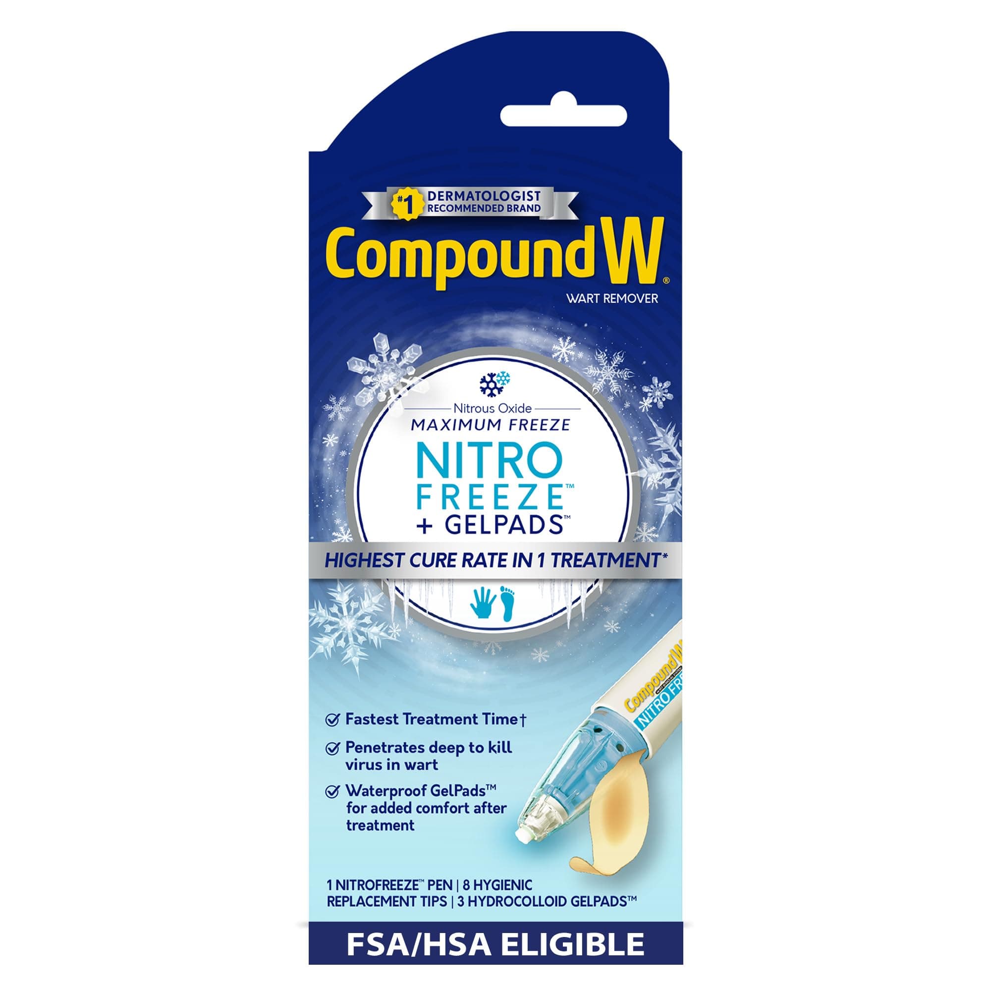 Compound W Nitro Freeze + GelPads Wart Remover with Nitrous Oxide, 1 Wart Removal Pen with 8 Replacement Tips & 3 Waterproof Hydrocolloid Bandages
