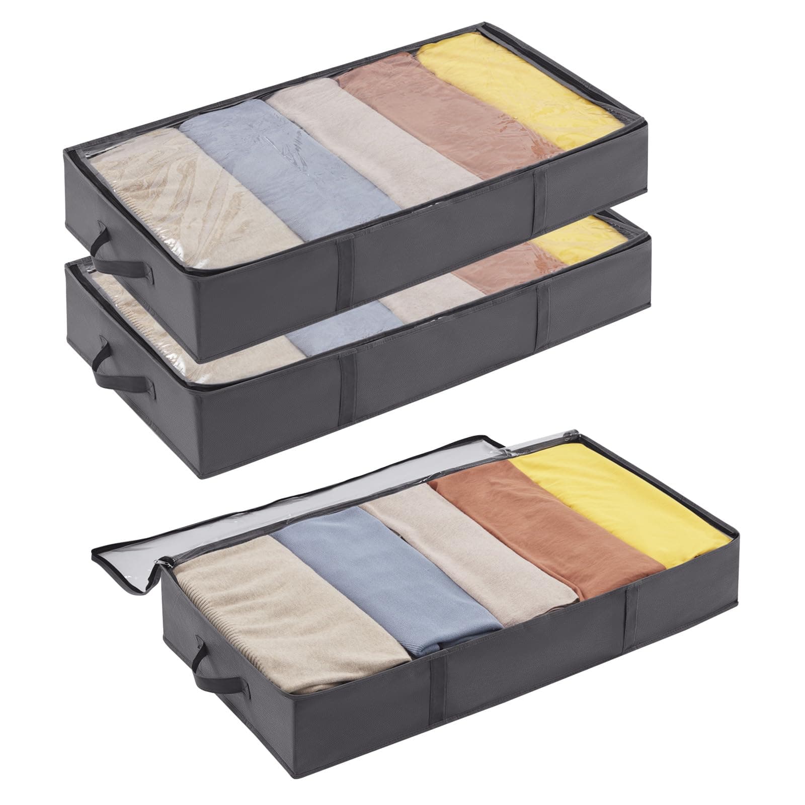 Lifewit Under Bed Storage Bag Organizer with Reinforced Handle Thick Fabric Clear Window Large Capacity Foldable Underbed Storage Container for Clothes Blankets Set of 3 Organization and Storage, Grey
