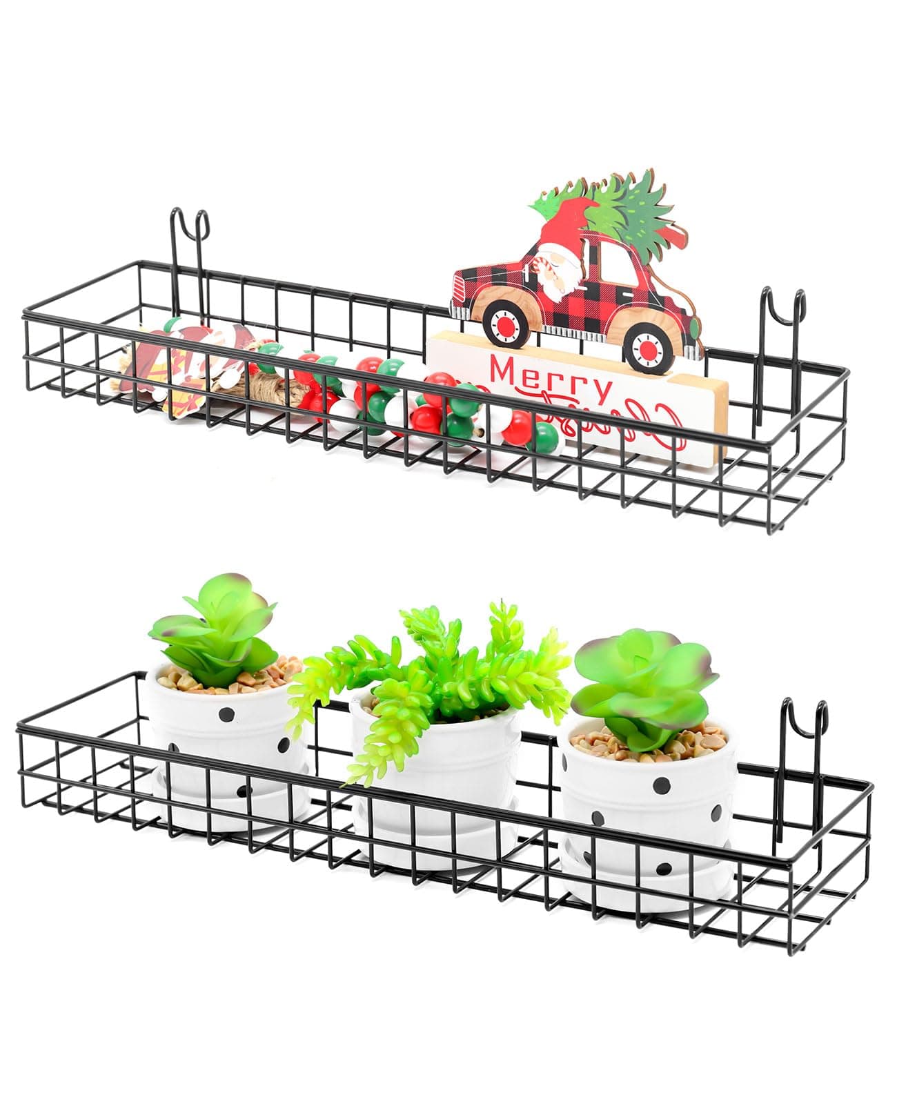 ANZOME Wire Wall Basket, Grid Basket with Hooks, Wall Mounted Organizer for Wall Grid, Kitchen Organizer, Wire Storage Shelf Rack for Home Supplies, Wall Decoration(Double)