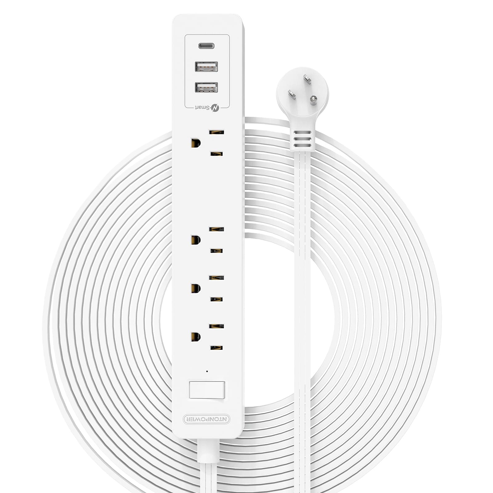 Flat Extension Cord 15 ft, NTONPOWER Ultra Thin Flat Extension Cord Under Rug, Door, Wall Mount Power Strip Flat Plug with 4 Outlets 2 USB A + USB C, Overload Protection for Home Office Indoor, White