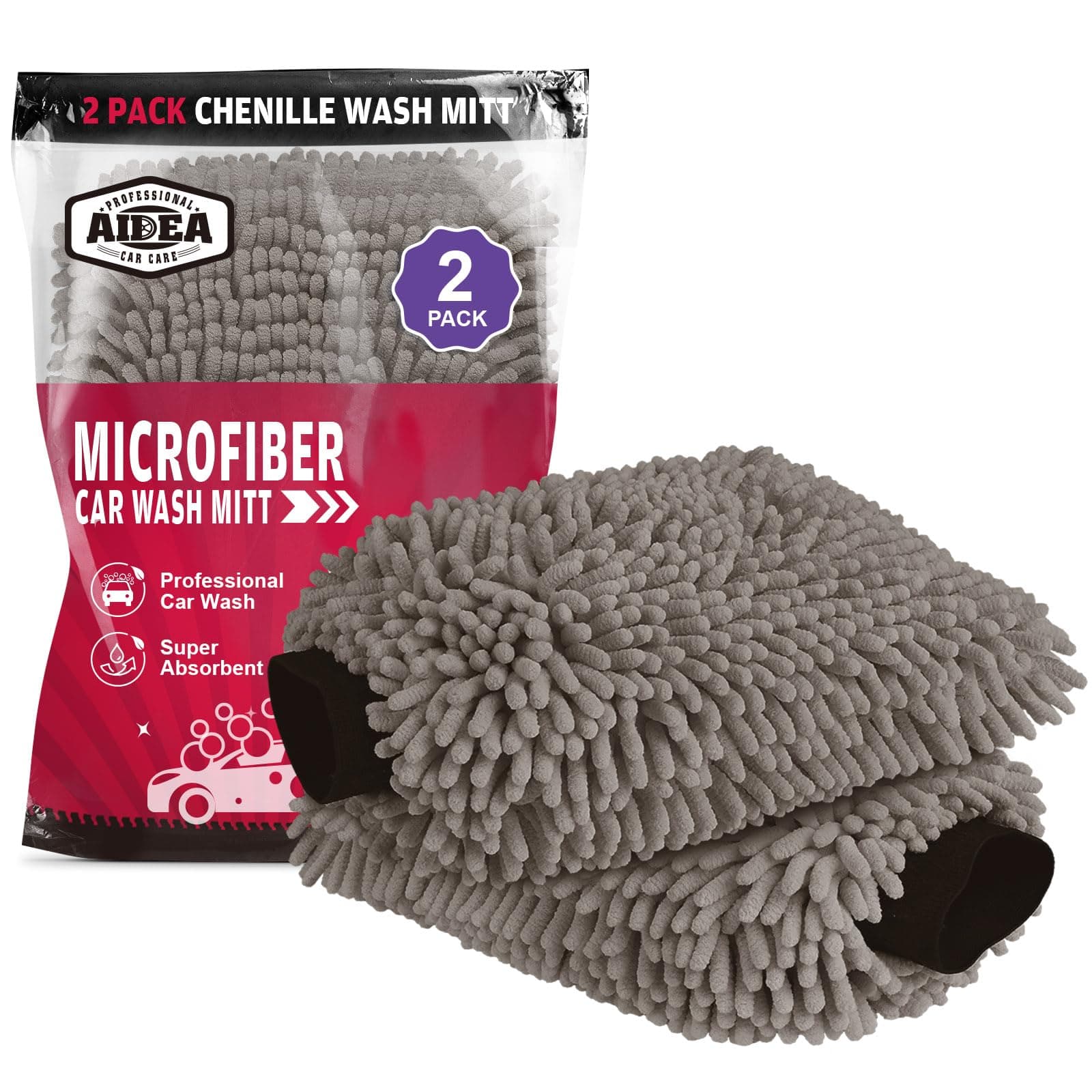 AIDEA Car Wash Mitt Microfiber-2Pack, Scratch-Free& Lint-Free, Premium Chenille Microfiber Wash Mitt-Grey Extra Large Size (8''X12'')