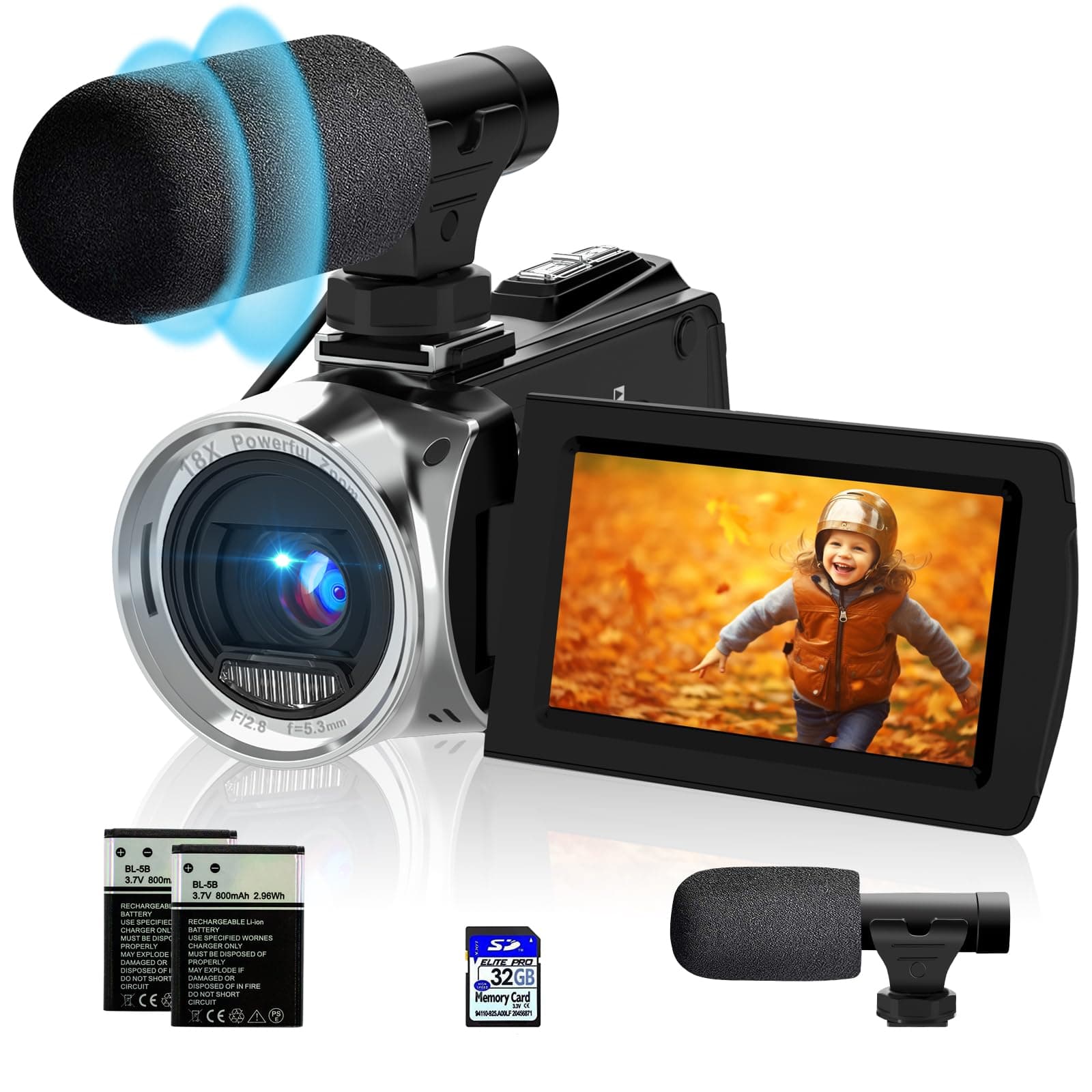 Video Camera 4K 48MP Camcorder,Digital YouTube Vlogging Camera Recorder 270° Degrees Flip Screen with 2 Batteries and a 32G SD card