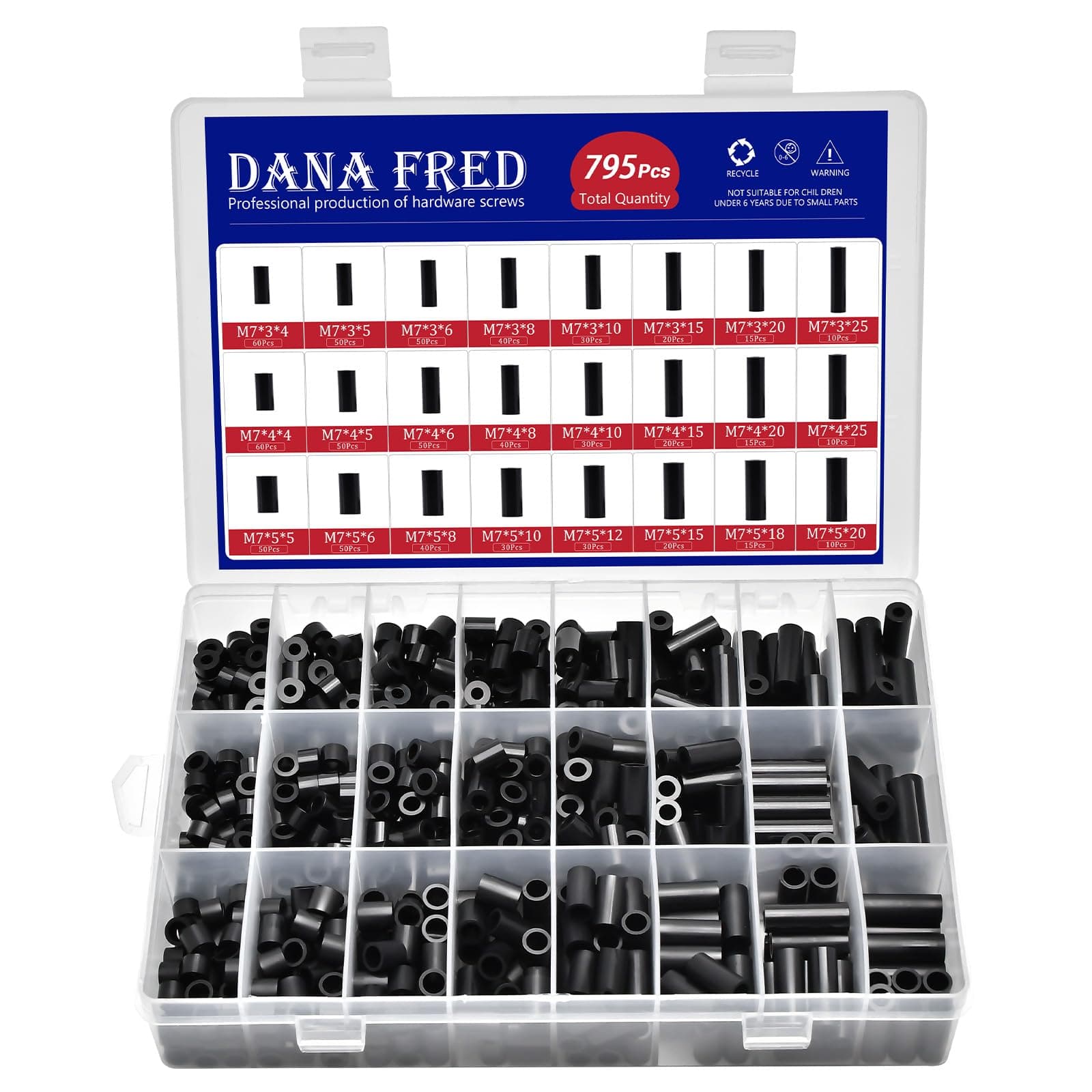 795Pcs Nylon Round Spacer Non-Thread Plastic Standoff Assortment Kit Black Nylon Spacer Washers for Protect Accessories On Circuit Boards Od 7mm Id 3/4/5mm Length 4/5/ 6/8/ 10/15/18/20/ 25mm