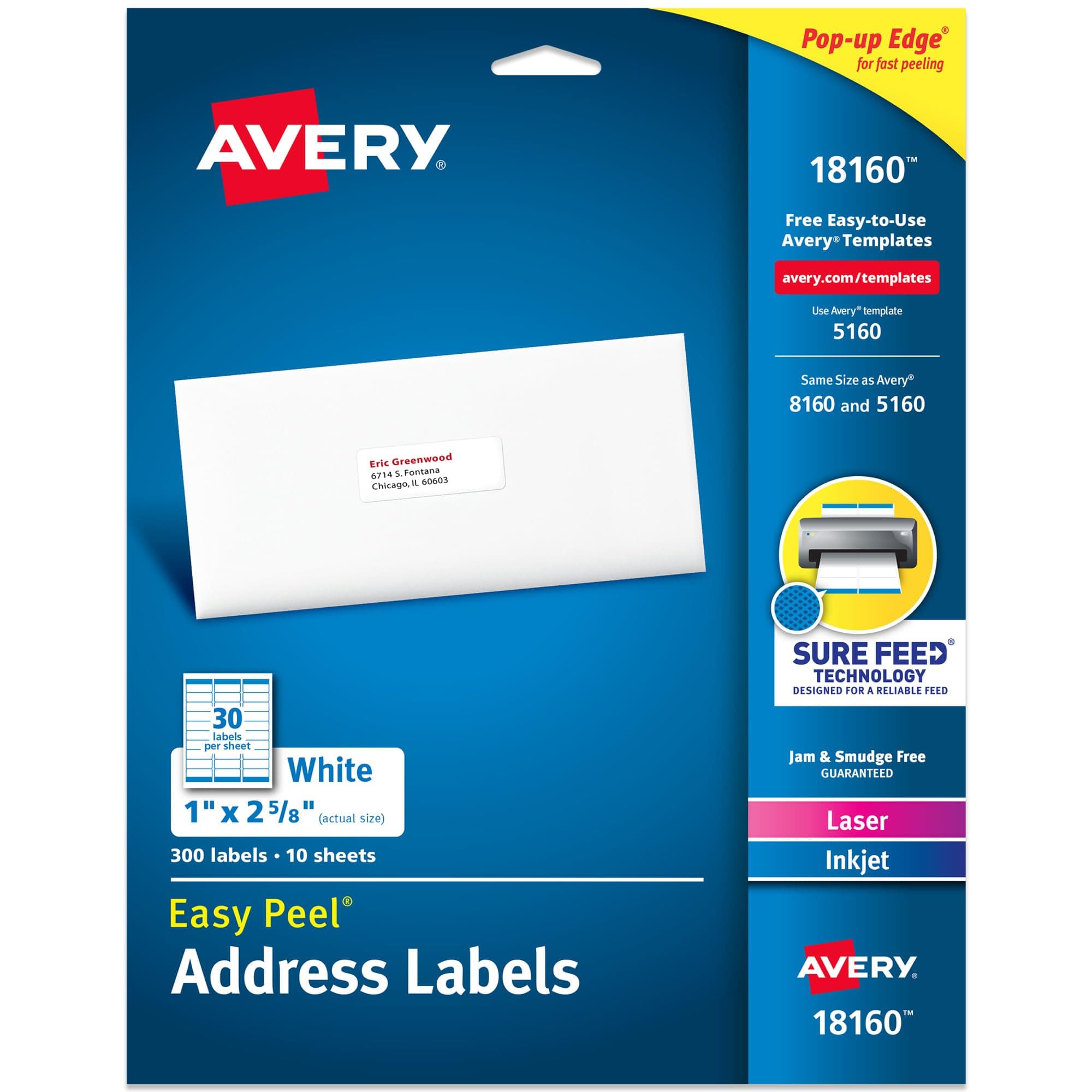 Avery Easy Peel Printable Address Labels with Sure Feed, 1" x 2-5/8" Customizable Stickers, White, 300 Blank Mailing Labels, Great for Mailing, Shipping, and More (18160)